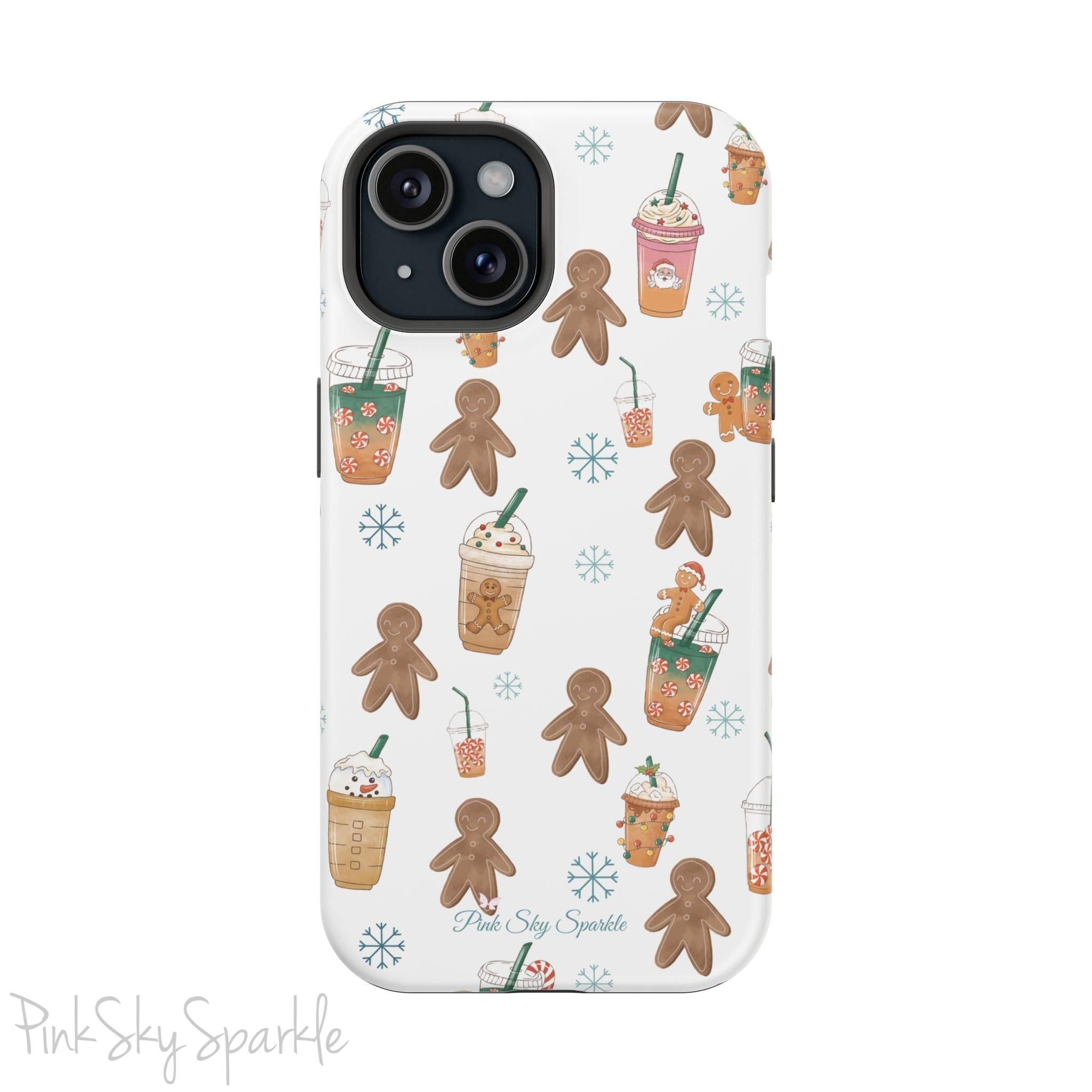 Holiday Sips and Sweets Magnetic iPhone Case featuring gingerbread cookies and festive holiday iced coffees. Compatible with iPhone models 13, 14, 15, and 16, this protective case adds a cozy and whimsical holiday vibe to your device.
