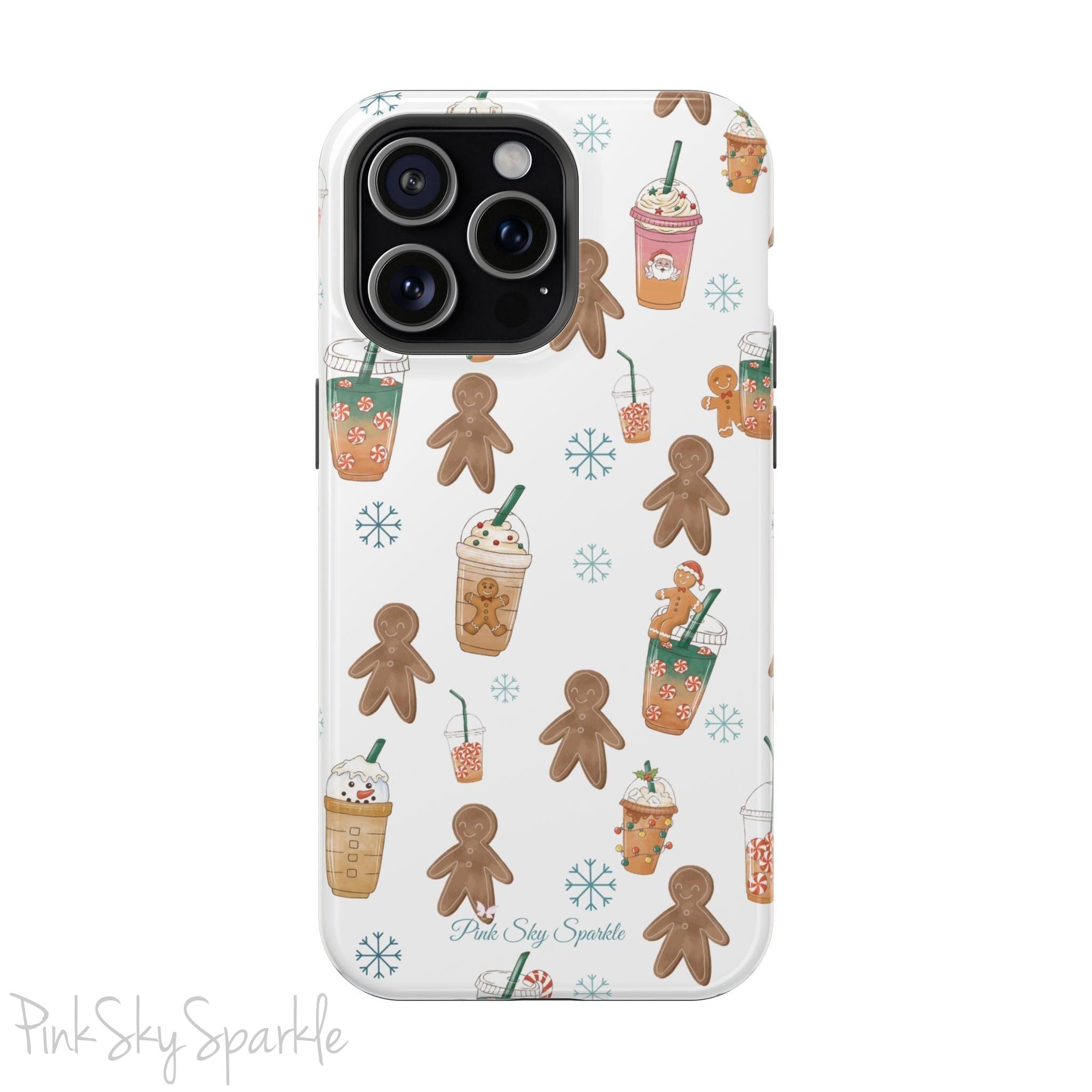 Holiday Sips and Sweets Magnetic iPhone Case featuring gingerbread cookies and festive holiday iced coffees. Compatible with iPhone models 13, 14, 15, and 16, this protective case adds a cozy and whimsical holiday vibe to your device.