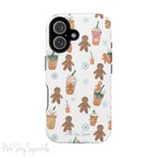 Holiday Sips and Sweets Magnetic iPhone Case featuring gingerbread cookies and festive holiday iced coffees. Compatible with iPhone models 13, 14, 15, and 16, this protective case adds a cozy and whimsical holiday vibe to your device.
