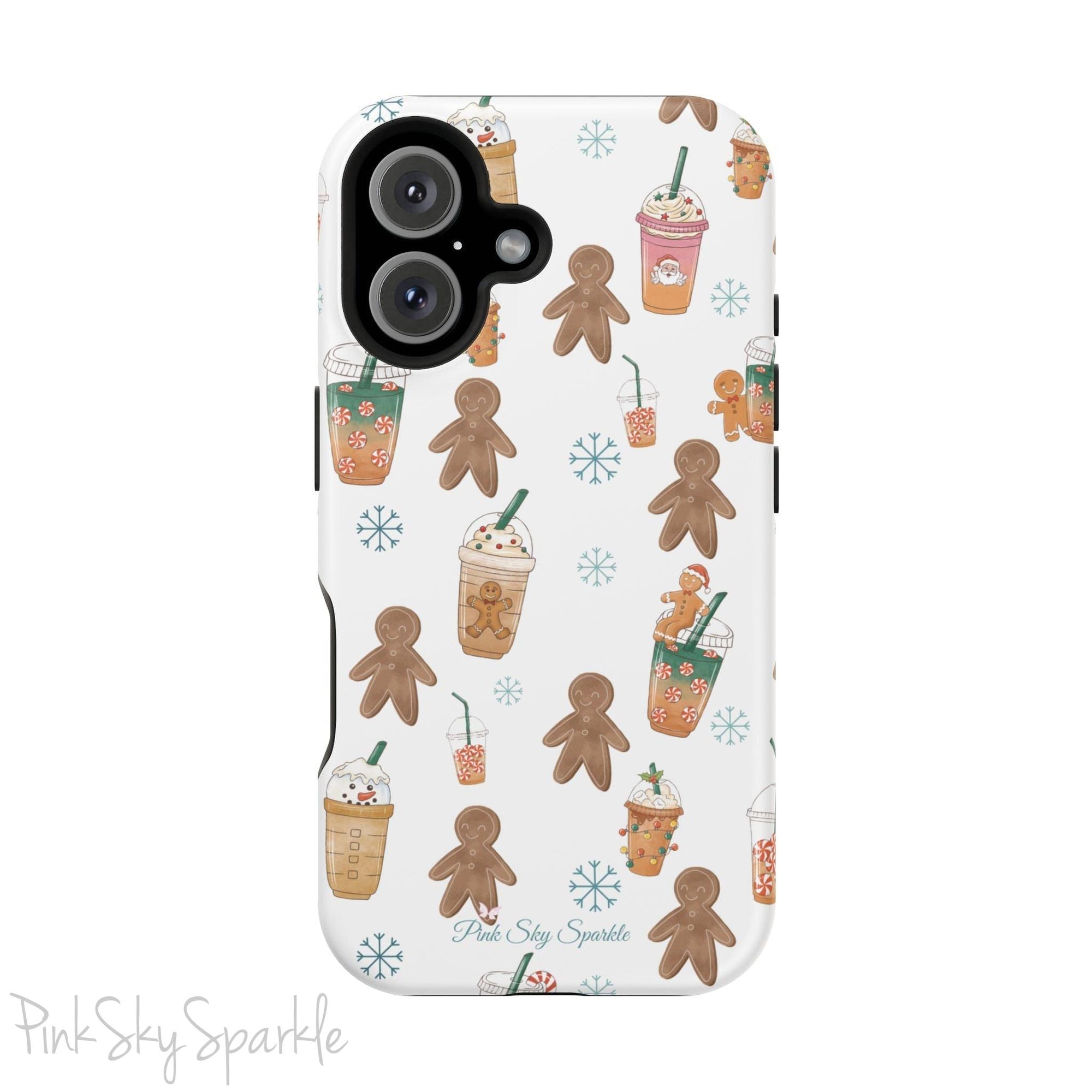 Holiday Sips and Sweets Magnetic iPhone Case featuring gingerbread cookies and festive holiday iced coffees. Compatible with iPhone models 13, 14, 15, and 16, this protective case adds a cozy and whimsical holiday vibe to your device.