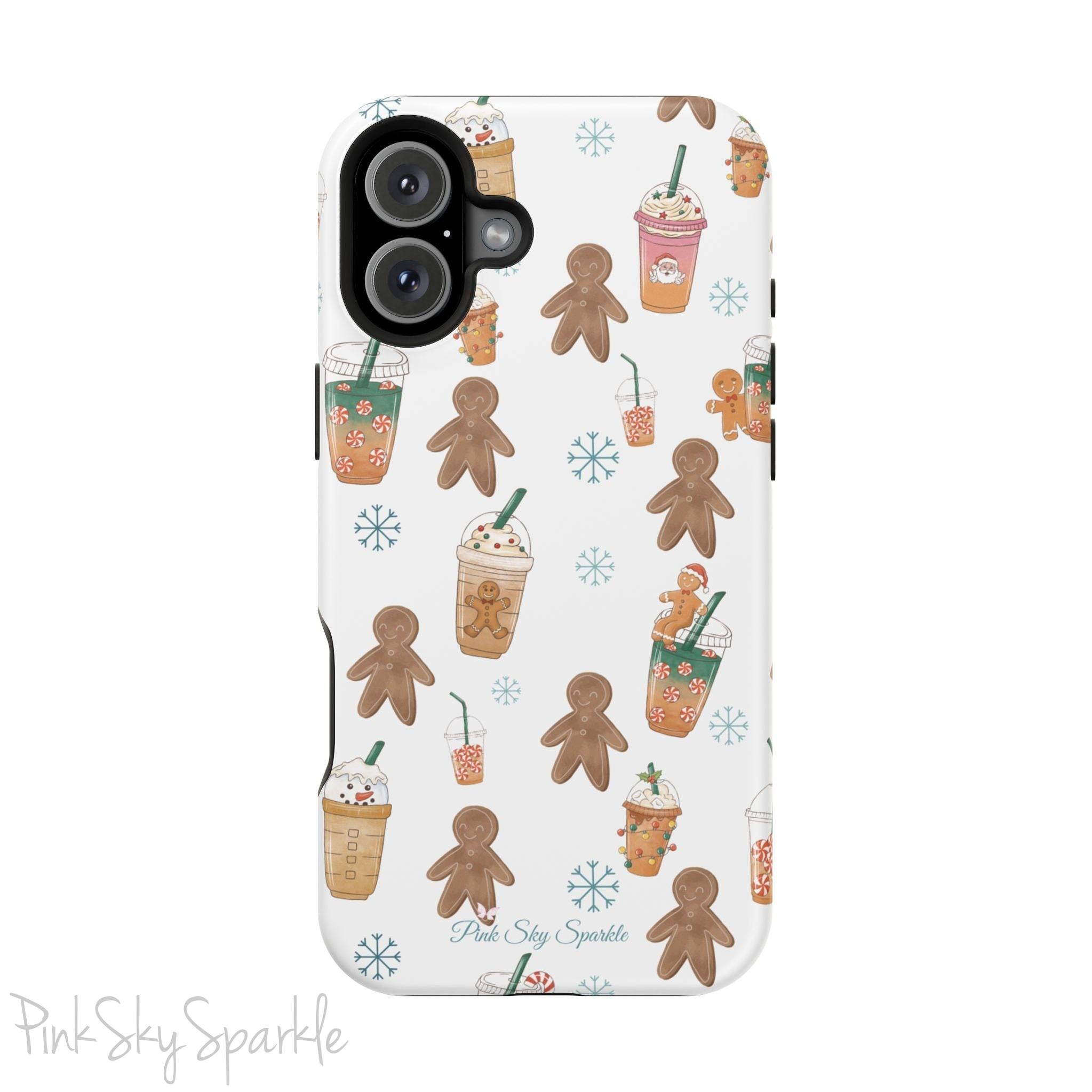 Holiday Sips and Sweets Magnetic iPhone Case featuring gingerbread cookies and festive holiday iced coffees. Compatible with iPhone models 13, 14, 15, and 16, this protective case adds a cozy and whimsical holiday vibe to your device.