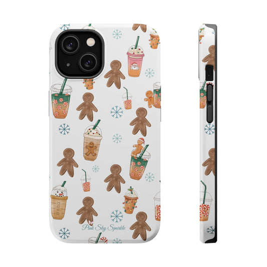 Holiday Sips and Sweets Magnetic iPhone Case featuring gingerbread cookies and festive holiday iced coffees. Compatible with iPhone models 13, 14, 15, and 16, this protective case adds a cozy and whimsical holiday vibe to your device.