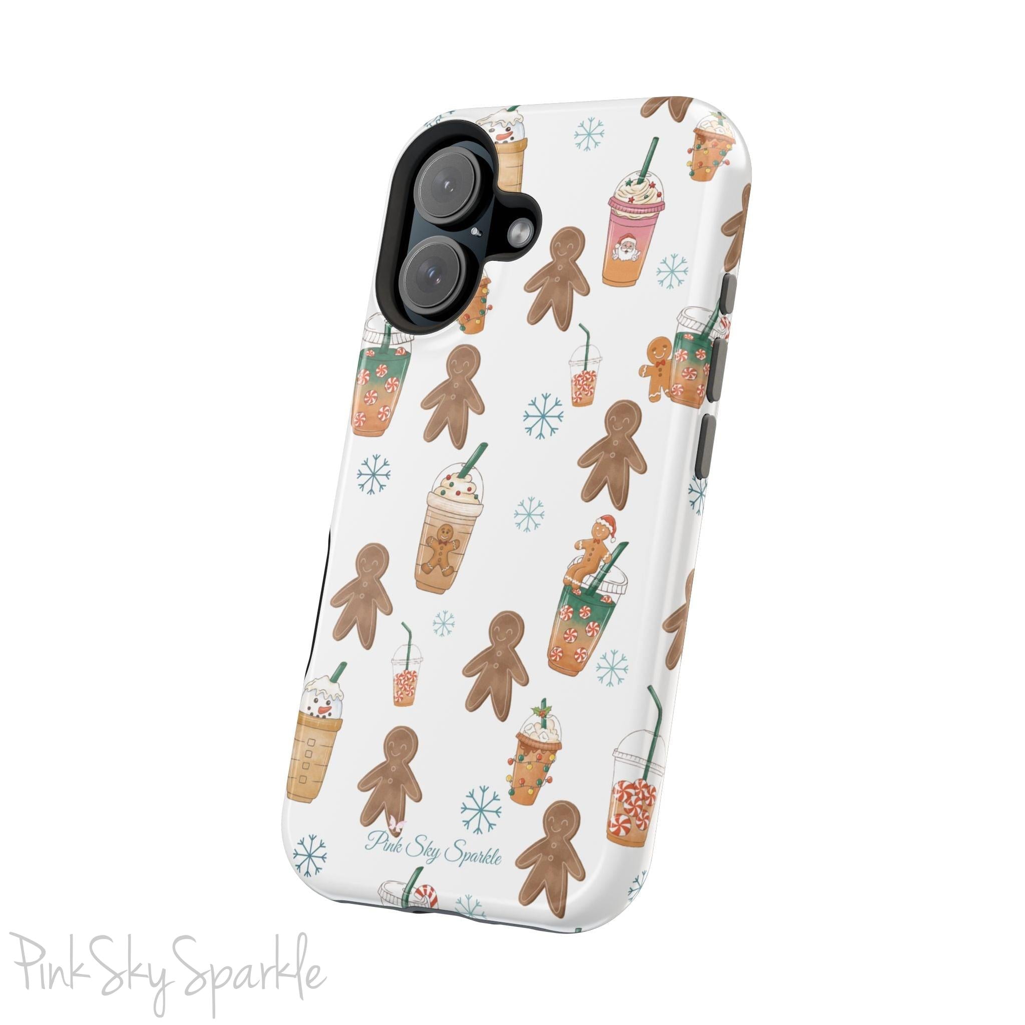 Holiday Sips and Sweets Magnetic iPhone Case featuring gingerbread cookies and festive holiday iced coffees. Compatible with iPhone models 13, 14, 15, and 16, this protective case adds a cozy and whimsical holiday vibe to your device.