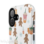 Holiday Sips and Sweets Magnetic iPhone Case featuring gingerbread cookies and festive holiday iced coffees. Compatible with iPhone models 13, 14, 15, and 16, this protective case adds a cozy and whimsical holiday vibe to your device.