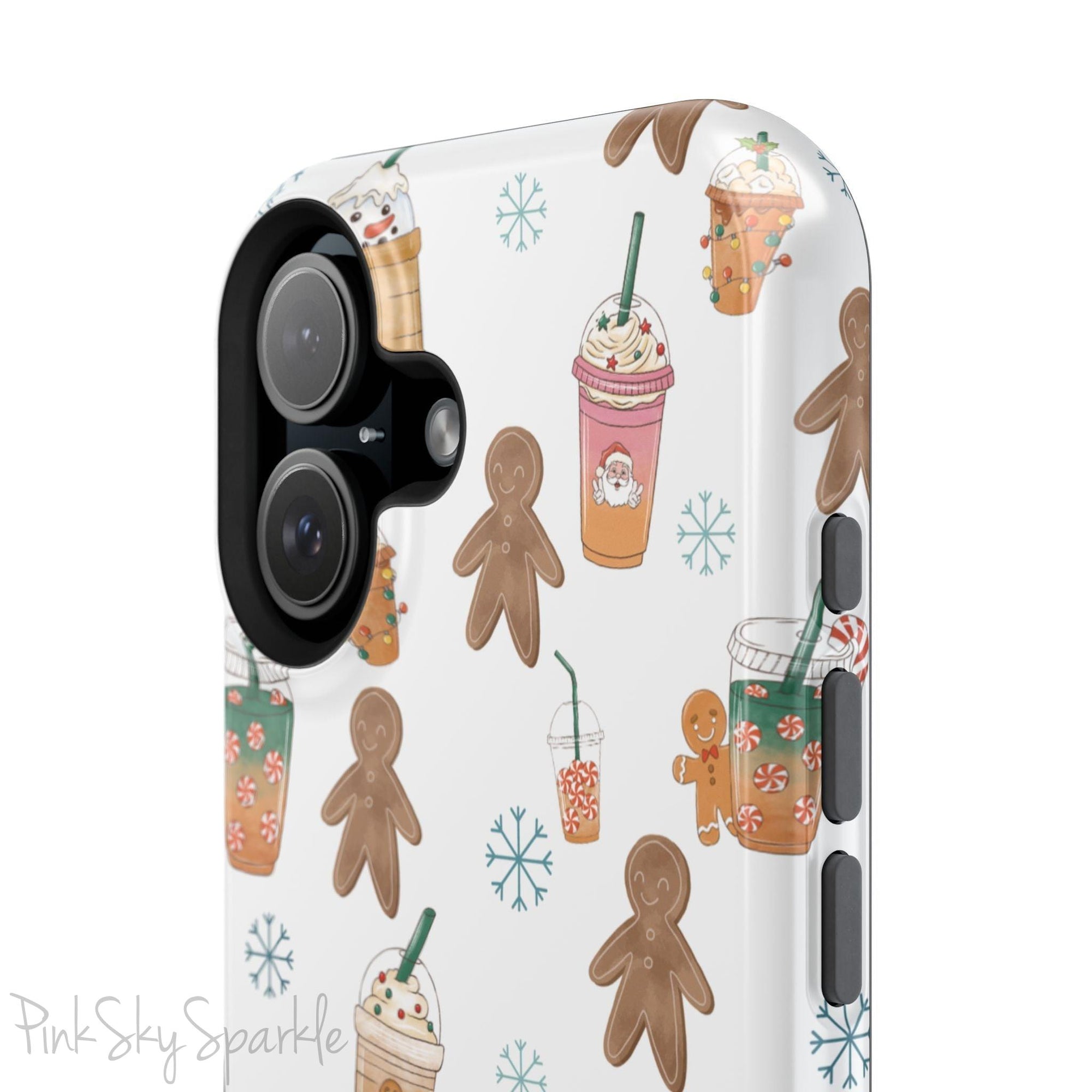 Holiday Sips and Sweets Magnetic iPhone Case featuring gingerbread cookies and festive holiday iced coffees. Compatible with iPhone models 13, 14, 15, and 16, this protective case adds a cozy and whimsical holiday vibe to your device.