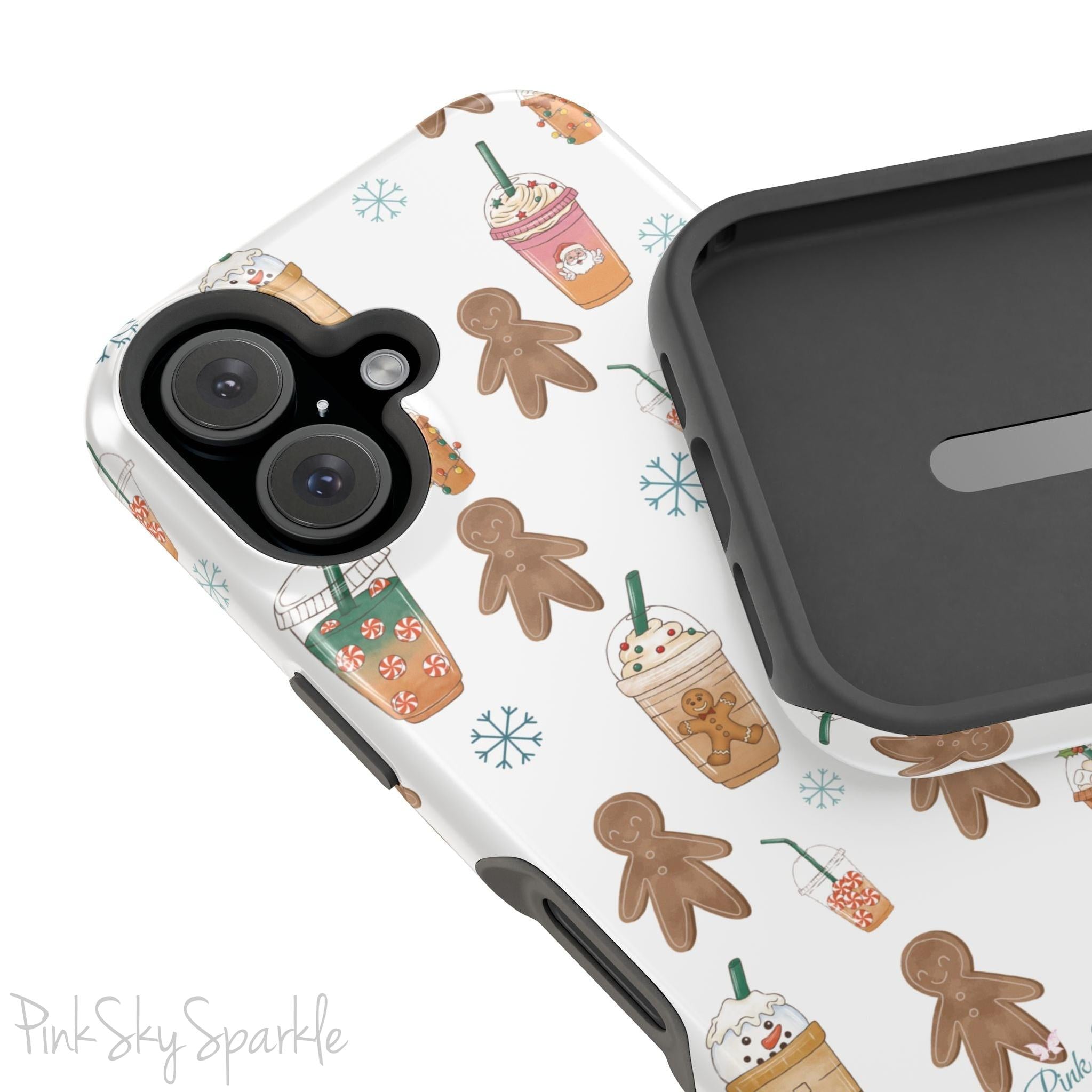 Holiday Sips and Sweets Magnetic iPhone Case featuring gingerbread cookies and festive holiday iced coffees. Compatible with iPhone models 13, 14, 15, and 16, this protective case adds a cozy and whimsical holiday vibe to your device.