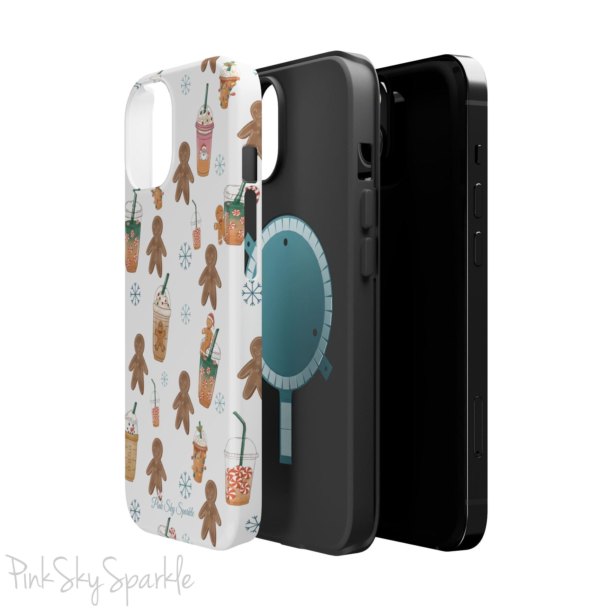 Holiday Sips and Sweets Magnetic iPhone Case featuring gingerbread cookies and festive holiday iced coffees. Compatible with iPhone models 13, 14, 15, and 16, this protective case adds a cozy and whimsical holiday vibe to your device.