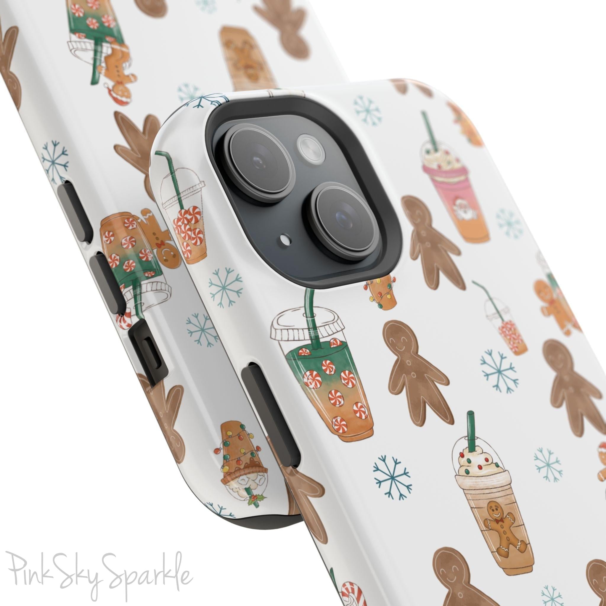 Holiday Sips and Sweets Magnetic iPhone Case featuring gingerbread cookies and festive holiday iced coffees. Compatible with iPhone models 13, 14, 15, and 16, this protective case adds a cozy and whimsical holiday vibe to your device.