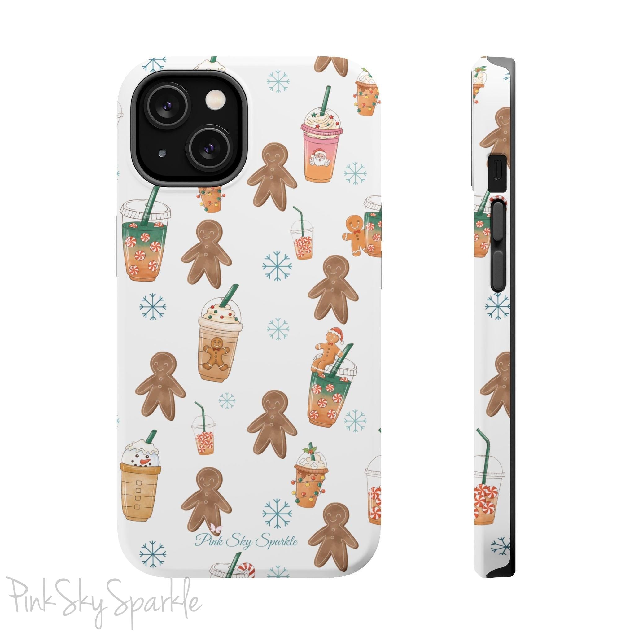 Holiday Sips and Sweets Magnetic iPhone Case featuring gingerbread cookies and festive holiday iced coffees. Compatible with iPhone models 13, 14, 15, and 16, this protective case adds a cozy and whimsical holiday vibe to your device.