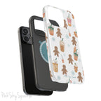 Holiday Sips and Sweets Magnetic iPhone Case featuring gingerbread cookies and festive holiday iced coffees. Compatible with iPhone models 13, 14, 15, and 16, this protective case adds a cozy and whimsical holiday vibe to your device.