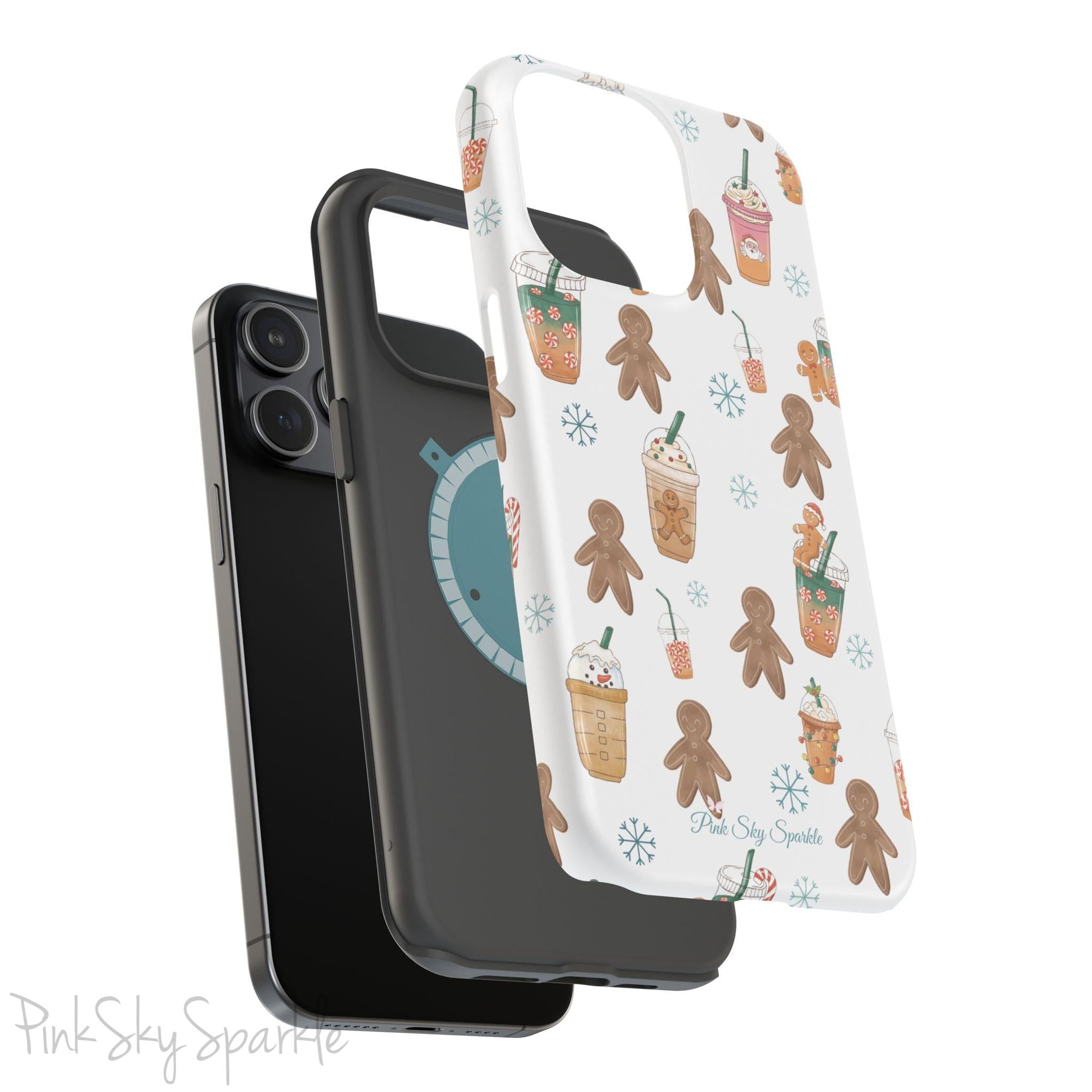 Holiday Sips and Sweets Magnetic iPhone Case featuring gingerbread cookies and festive holiday iced coffees. Compatible with iPhone models 13, 14, 15, and 16, this protective case adds a cozy and whimsical holiday vibe to your device.