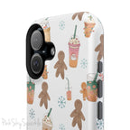 Holiday Sips and Sweets Magnetic iPhone Case featuring gingerbread cookies and festive holiday iced coffees. Compatible with iPhone models 13, 14, 15, and 16, this protective case adds a cozy and whimsical holiday vibe to your device.