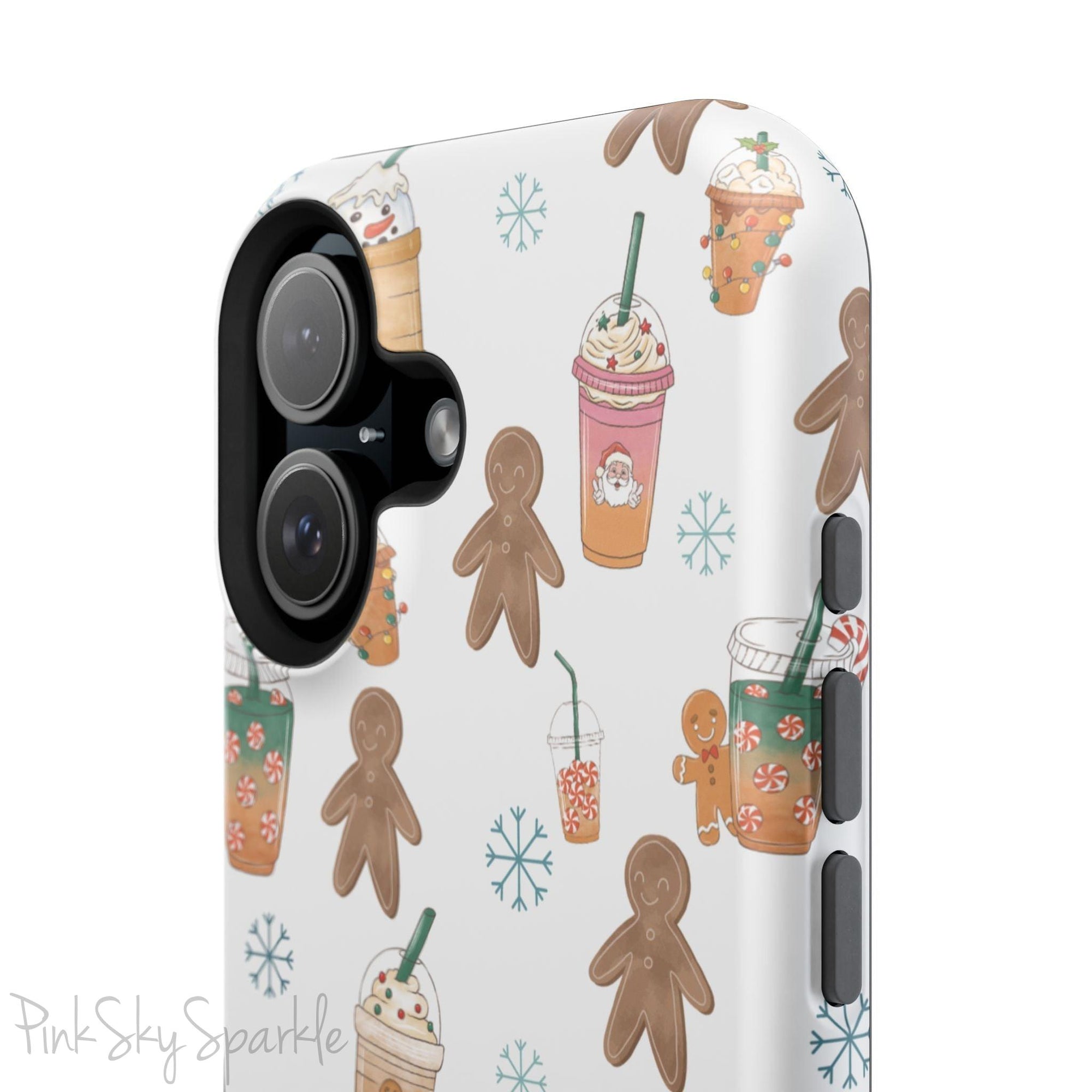 Holiday Sips and Sweets Magnetic iPhone Case featuring gingerbread cookies and festive holiday iced coffees. Compatible with iPhone models 13, 14, 15, and 16, this protective case adds a cozy and whimsical holiday vibe to your device.