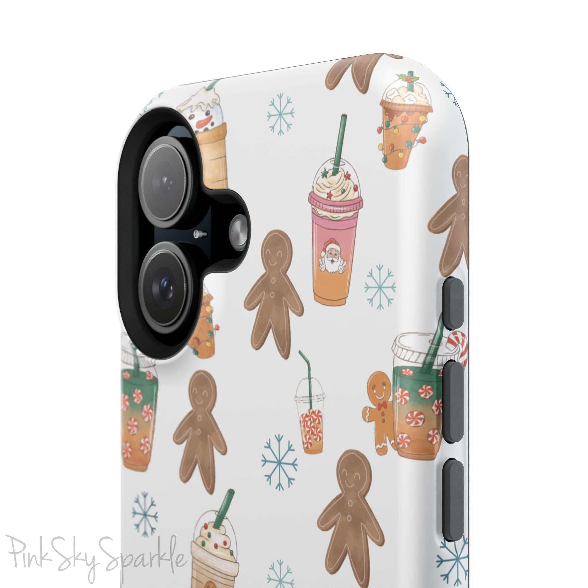 Holiday Sips and Sweets Magnetic iPhone Case featuring gingerbread cookies and festive holiday iced coffees. Compatible with iPhone models 13, 14, 15, and 16, this protective case adds a cozy and whimsical holiday vibe to your device.