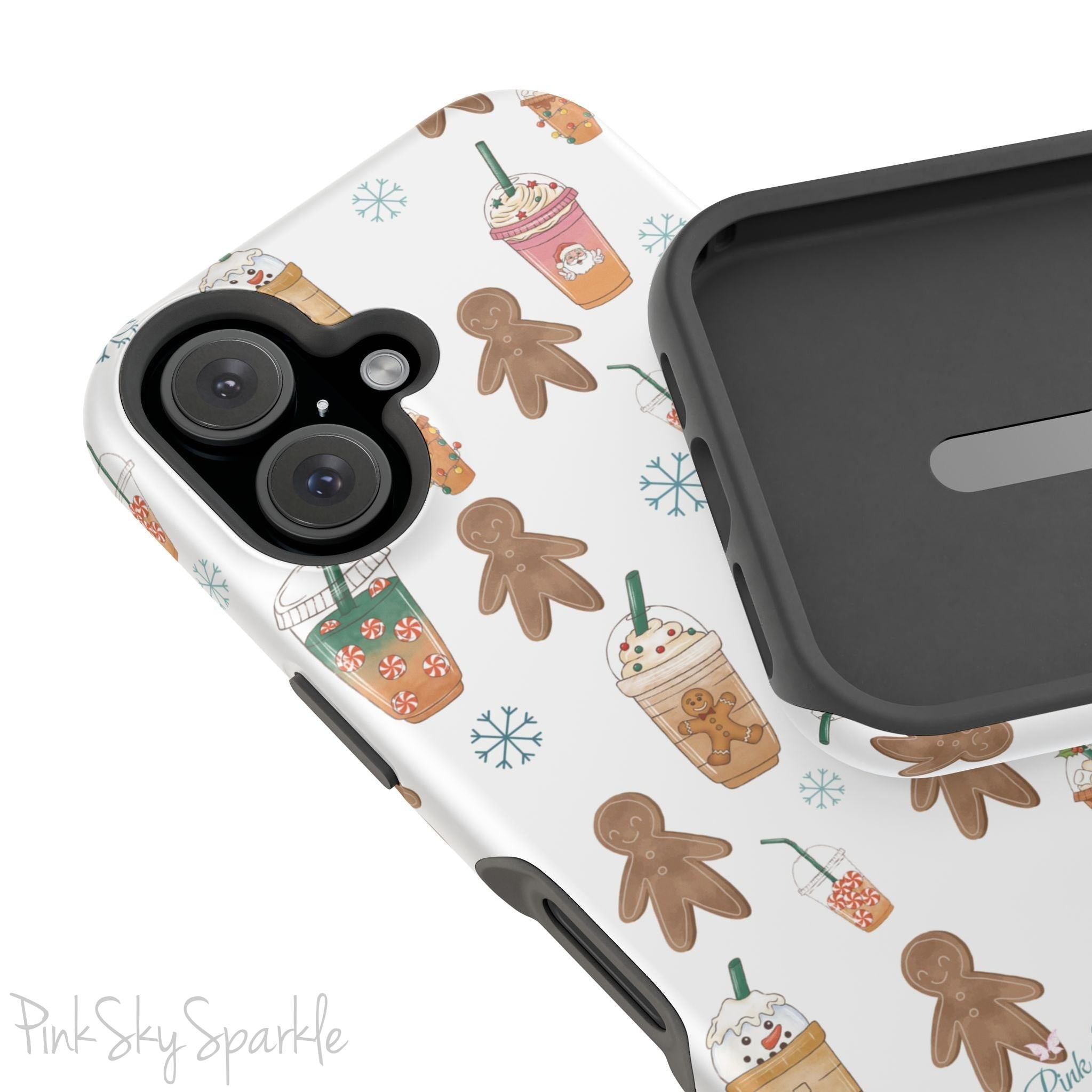 Holiday Sips and Sweets Magnetic iPhone Case featuring gingerbread cookies and festive holiday iced coffees. Compatible with iPhone models 13, 14, 15, and 16, this protective case adds a cozy and whimsical holiday vibe to your device.
