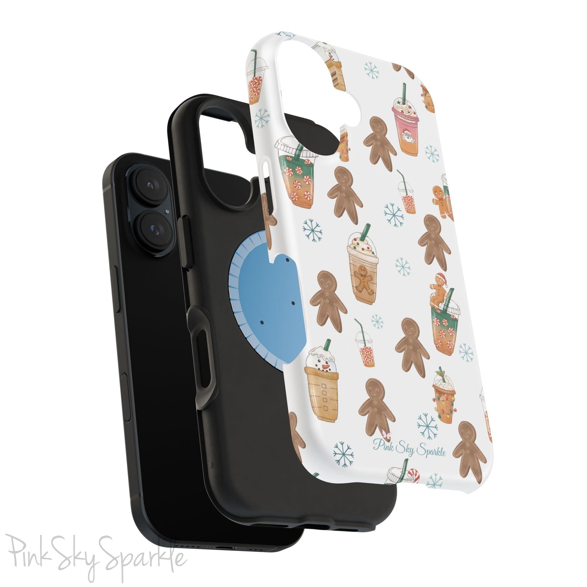 Holiday Sips and Sweets Magnetic iPhone Case featuring gingerbread cookies and festive holiday iced coffees. Compatible with iPhone models 13, 14, 15, and 16, this protective case adds a cozy and whimsical holiday vibe to your device.