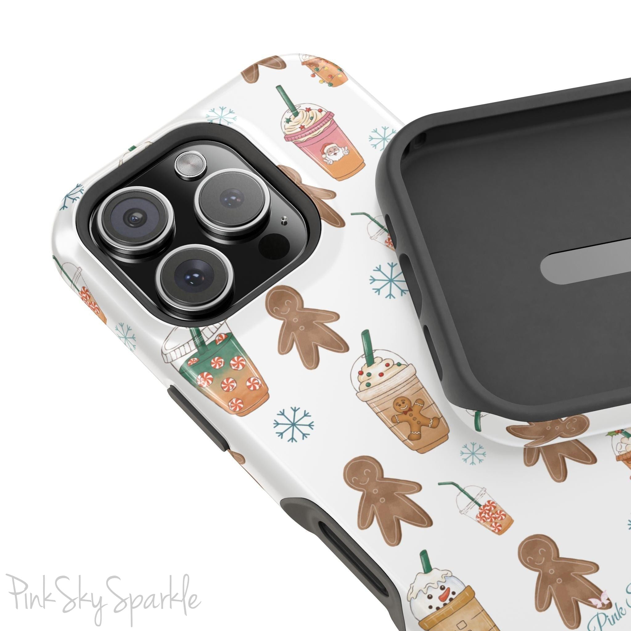 Holiday Sips and Sweets Magnetic iPhone Case featuring gingerbread cookies and festive holiday iced coffees. Compatible with iPhone models 13, 14, 15, and 16, this protective case adds a cozy and whimsical holiday vibe to your device.