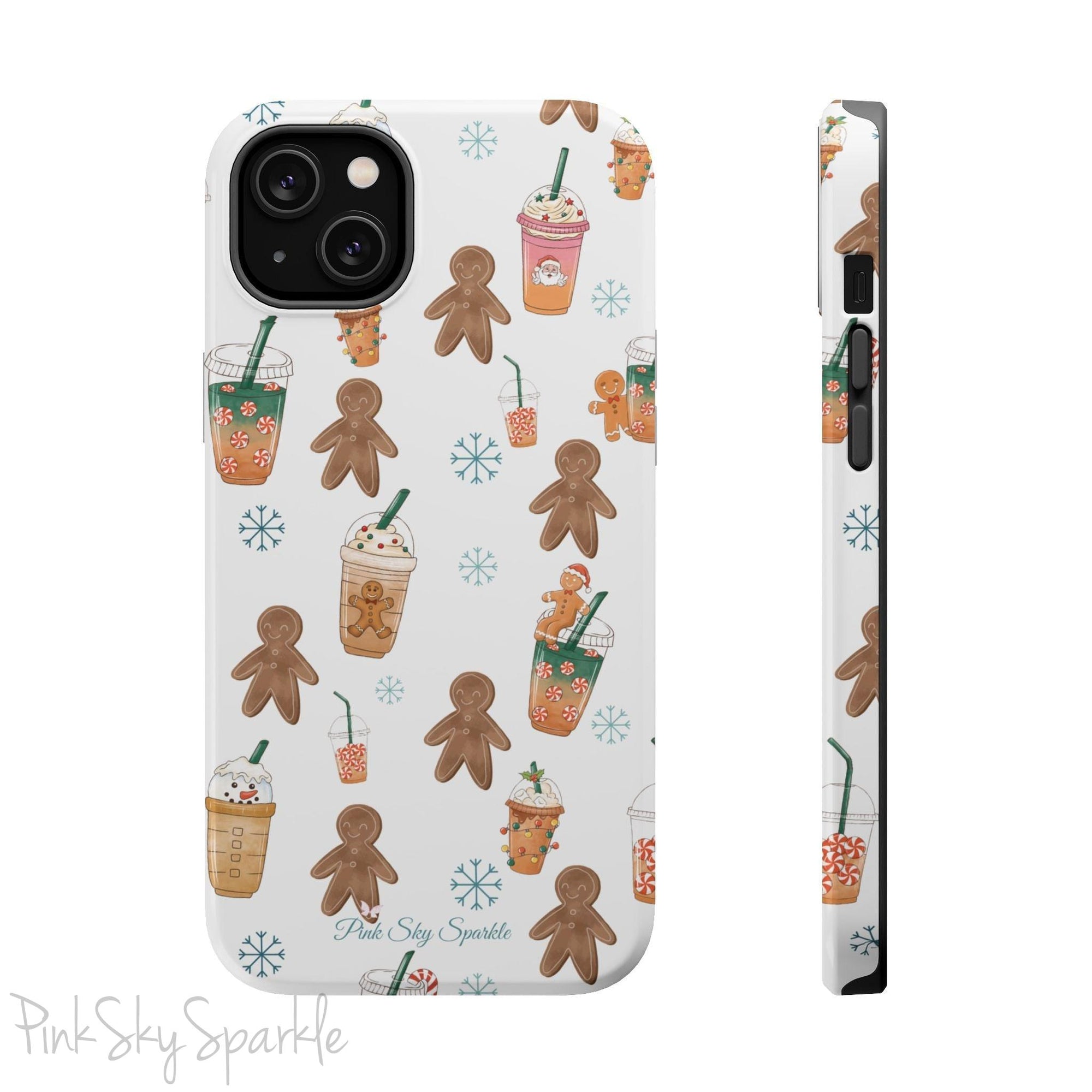 Holiday Sips and Sweets Magnetic iPhone Case featuring gingerbread cookies and festive holiday iced coffees. Compatible with iPhone models 13, 14, 15, and 16, this protective case adds a cozy and whimsical holiday vibe to your device.