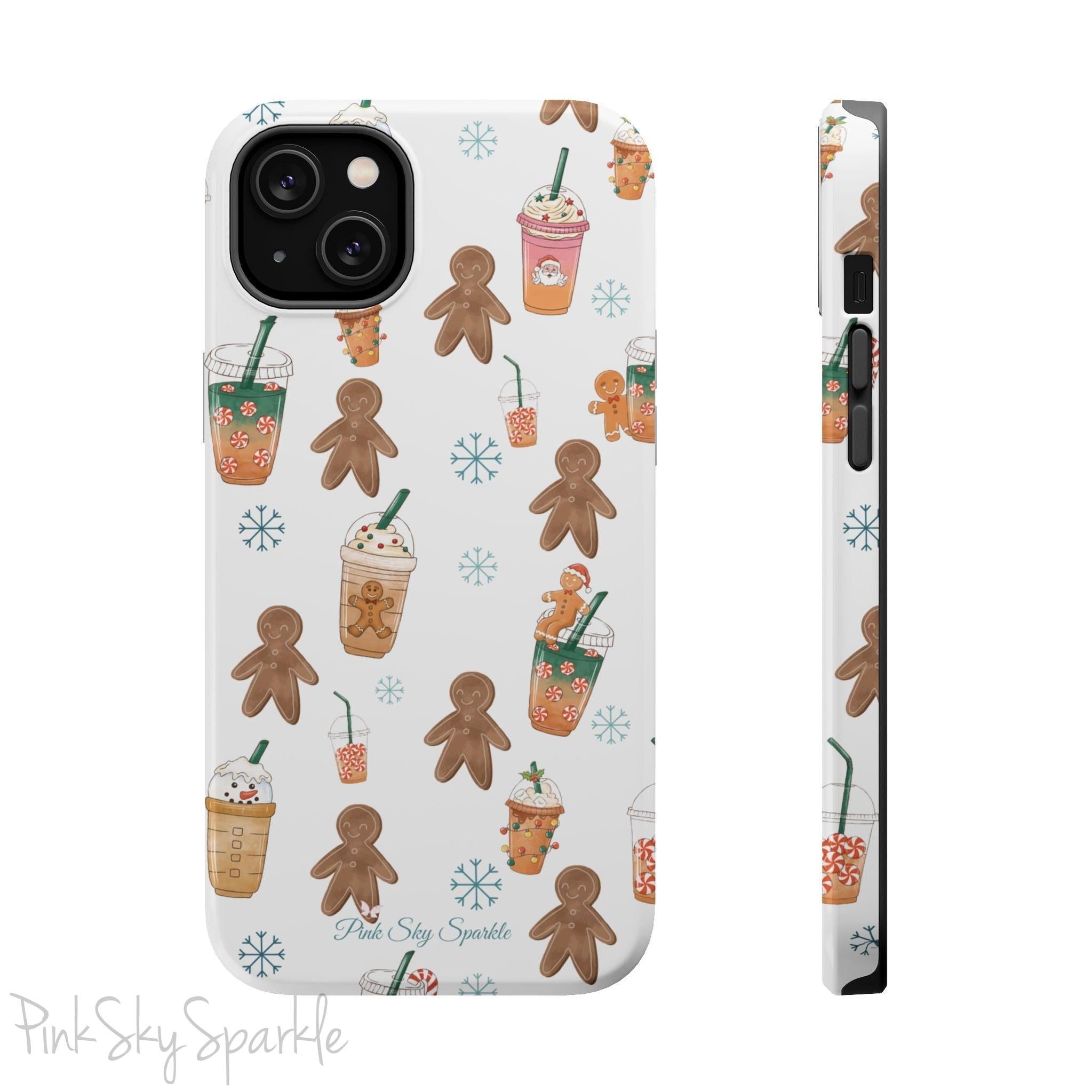 Holiday Sips and Sweets Magnetic iPhone Case featuring gingerbread cookies and festive holiday iced coffees. Compatible with iPhone models 13, 14, 15, and 16, this protective case adds a cozy and whimsical holiday vibe to your device.