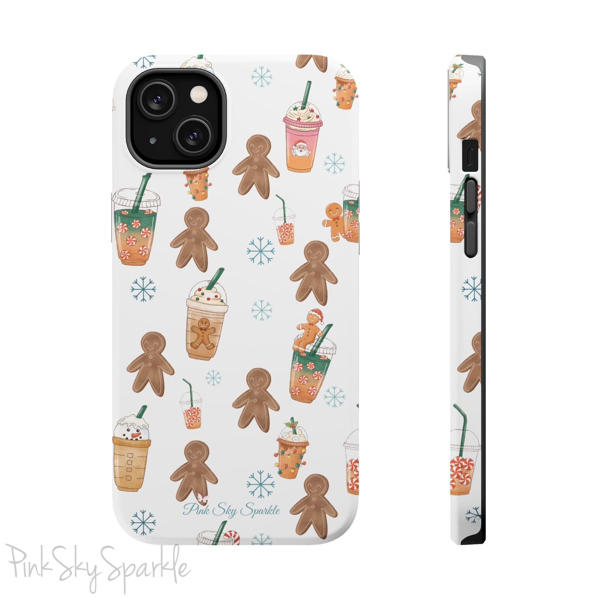Holiday Sips and Sweets Magnetic iPhone Case featuring gingerbread cookies and festive holiday iced coffees. Compatible with iPhone models 13, 14, 15, and 16, this protective case adds a cozy and whimsical holiday vibe to your device.