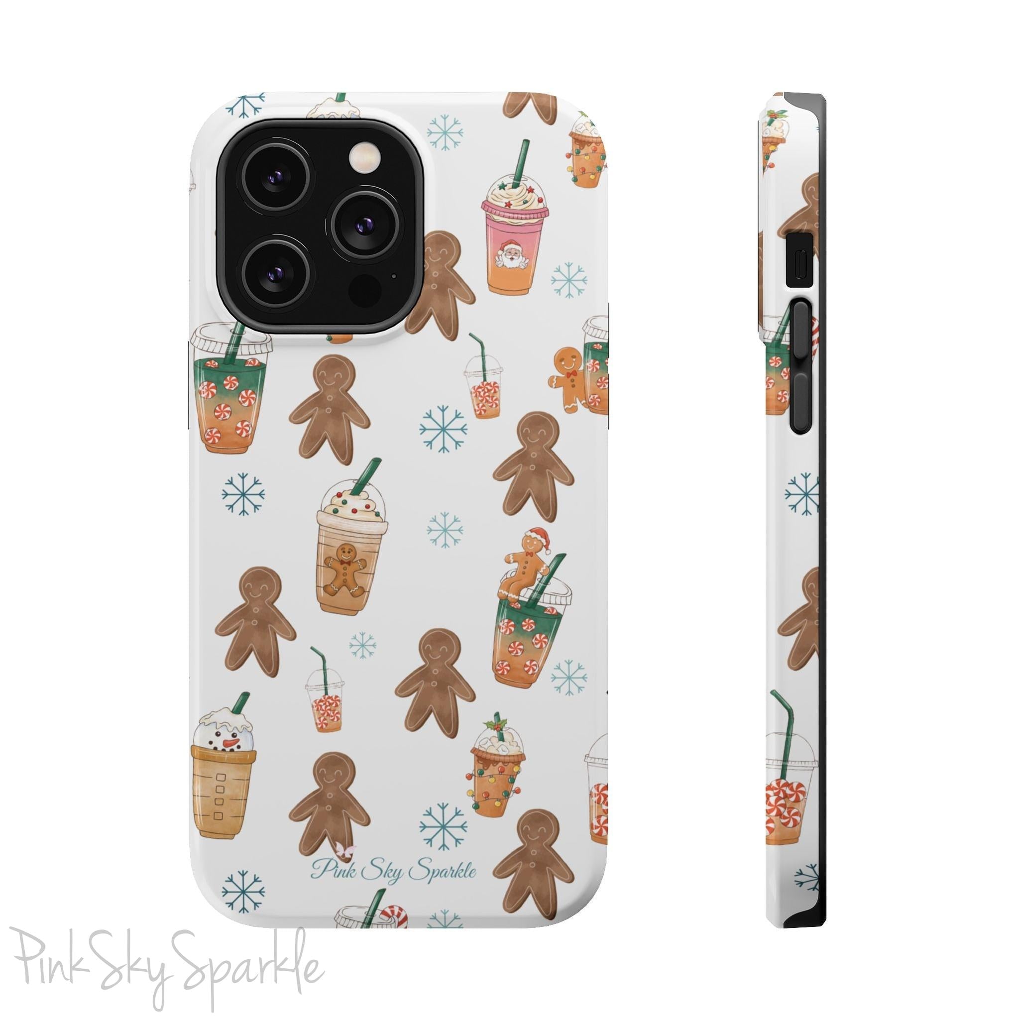 Holiday Sips and Sweets Magnetic iPhone Case featuring gingerbread cookies and festive holiday iced coffees. Compatible with iPhone models 13, 14, 15, and 16, this protective case adds a cozy and whimsical holiday vibe to your device.