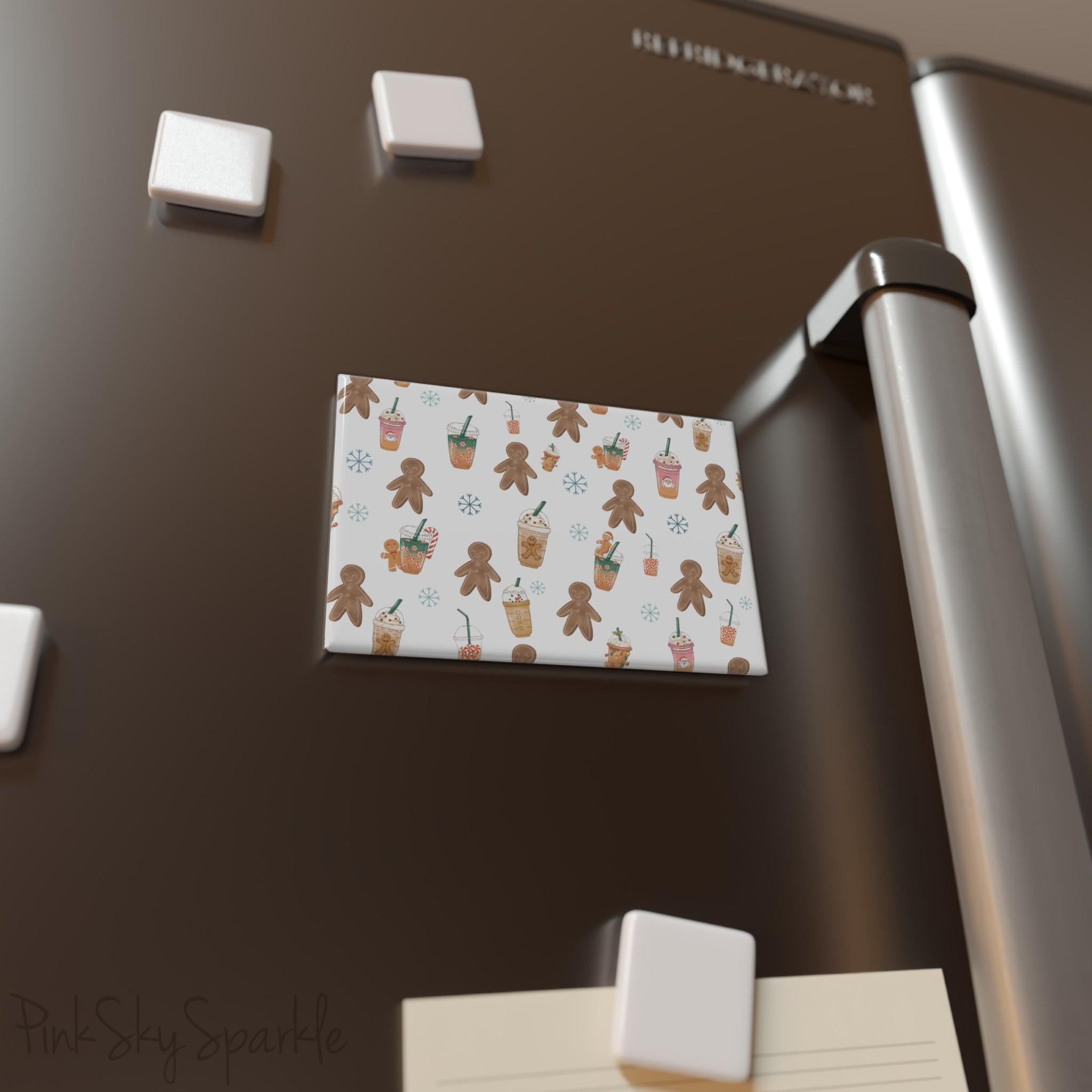 Holiday Sips and Sweets Rectangle Button Magnet - Festive magnet with cozy holiday treats like hot cocoa and cookies. Perfect for holiday decor, stocking stuffers, and seasonal kitchen decor.
