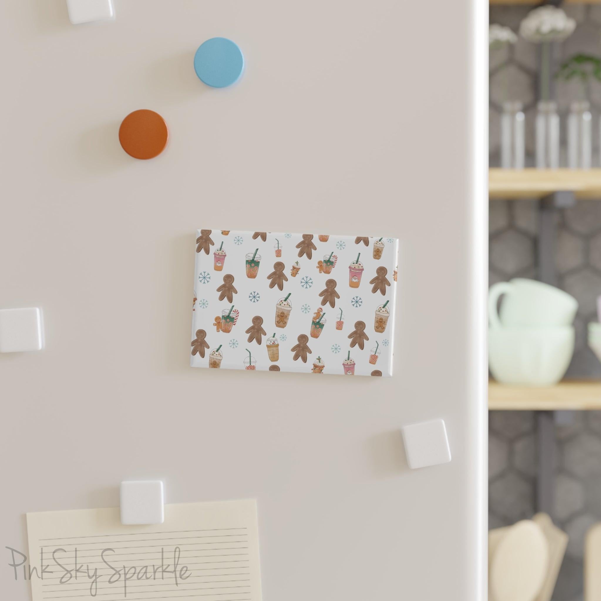 Holiday Sips and Sweets Rectangle Button Magnet - Festive magnet with cozy holiday treats like hot cocoa and cookies. Perfect for holiday decor, stocking stuffers, and seasonal kitchen decor.