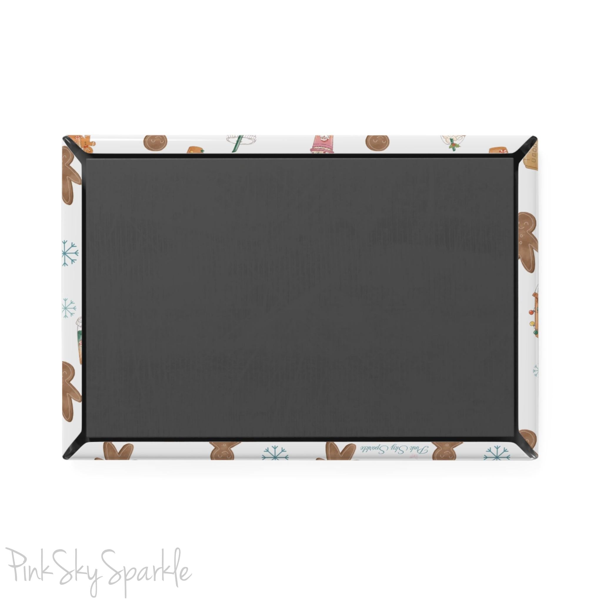 Holiday Sips and Sweets Rectangle Button Magnet - Festive magnet with cozy holiday treats like hot cocoa and cookies. Perfect for holiday decor, stocking stuffers, and seasonal kitchen decor.
