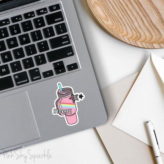 Hydrate Water Bottle Waterproof Sticker. These stickers are great to use on laptops, water bottles, planners, journals, scrapbooks, iPads, cars, and skateboards.