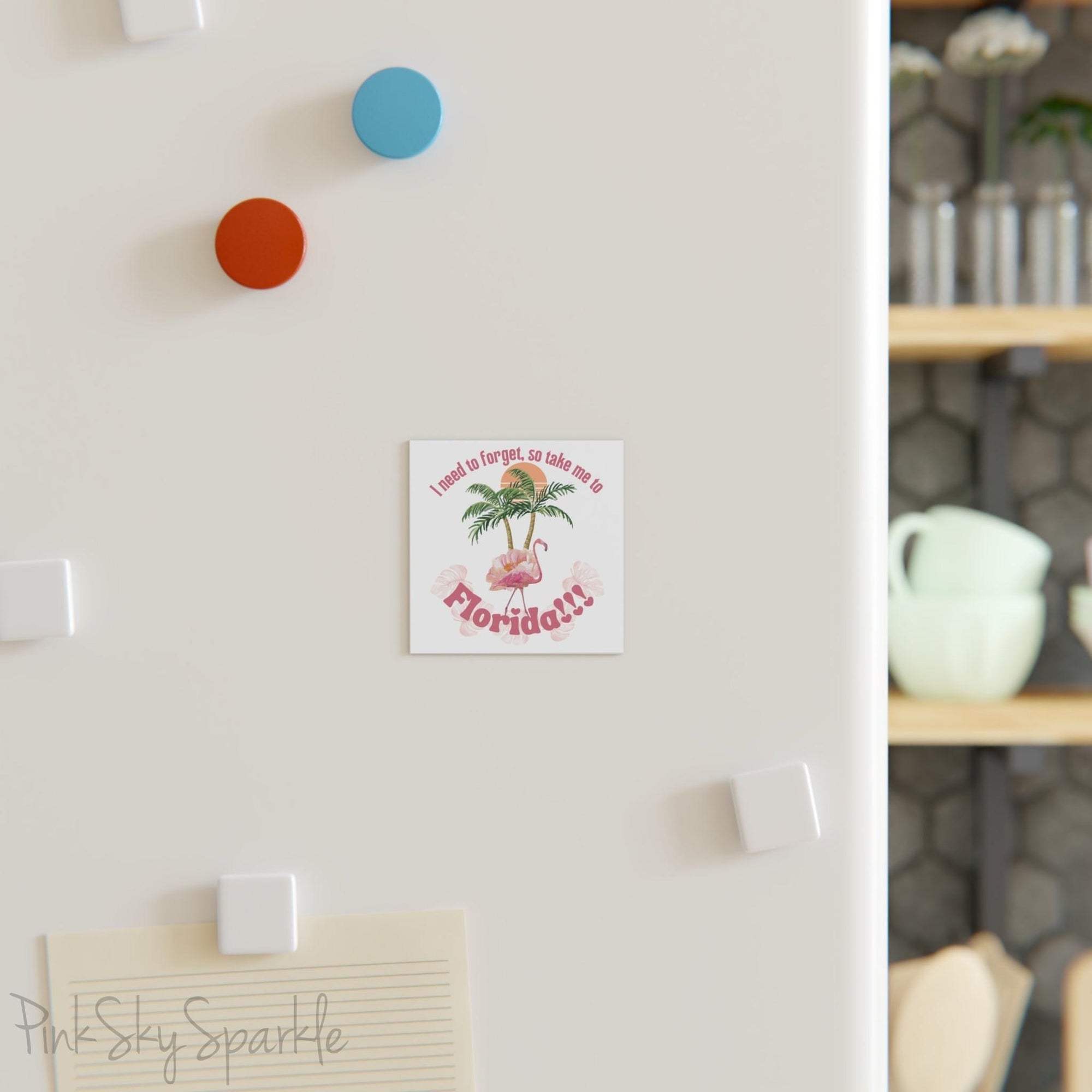 I Need to Forget, So Take Me to Florida!!! Square Magnet. Featuring a flamingo in front of two palm trees and a sun. The perfect gift for any Swiftie.