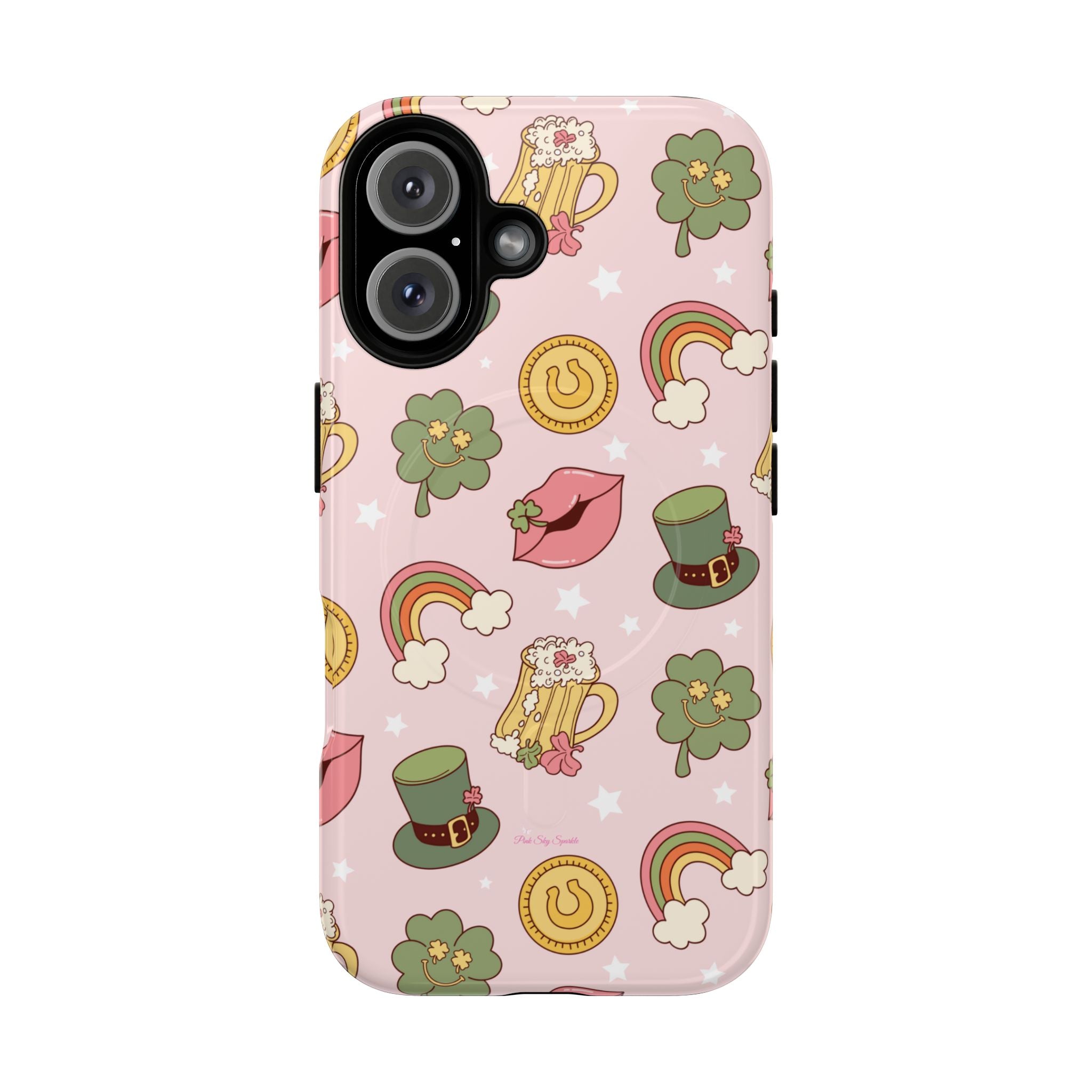 Magnetic iPhone case with a pastel pink background featuring lucky four-leaf clovers, gold coins, rainbows, leprechaun hats, beer mugs, and lips with shamrock details. A festive and playful St. Patrick’s Day design.