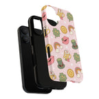 Magnetic iPhone case with a pastel pink background featuring lucky four-leaf clovers, gold coins, rainbows, leprechaun hats, beer mugs, and lips with shamrock details. A festive and playful St. Patrick’s Day design.