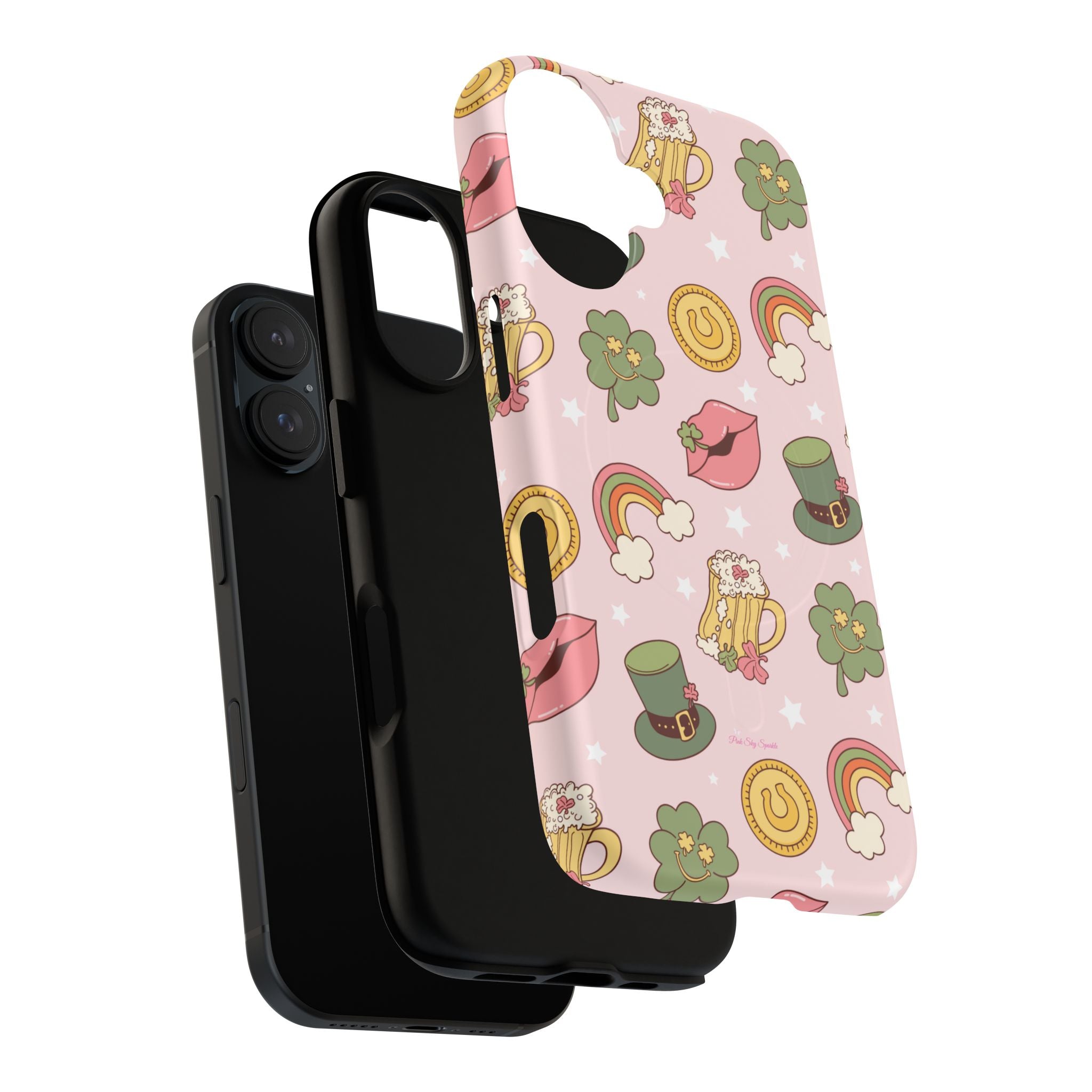 Magnetic iPhone case with a pastel pink background featuring lucky four-leaf clovers, gold coins, rainbows, leprechaun hats, beer mugs, and lips with shamrock details. A festive and playful St. Patrick’s Day design.