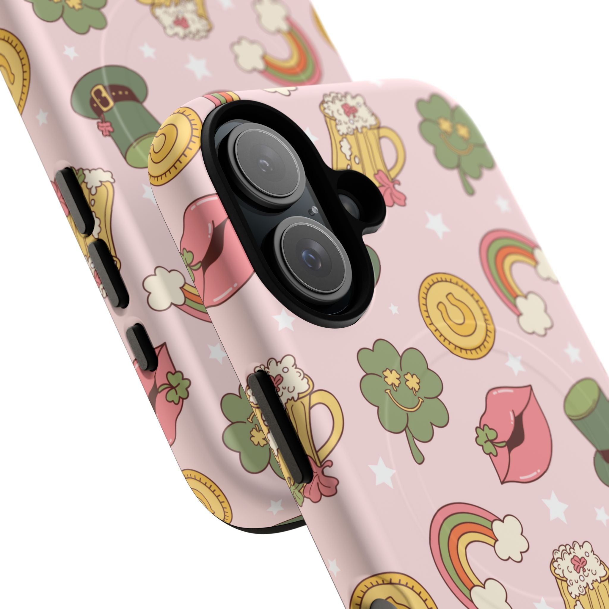 Magnetic iPhone case with a pastel pink background featuring lucky four-leaf clovers, gold coins, rainbows, leprechaun hats, beer mugs, and lips with shamrock details. A festive and playful St. Patrick’s Day design.