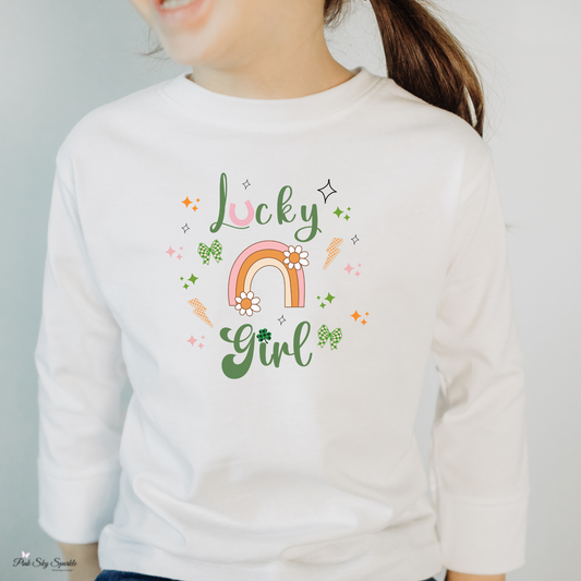 Lucky Girl Toddler Long Sleeve Tee, perfect for St. Patrick's Day.