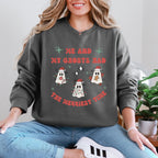 Me and My Ghosts Had the Merriest Time Crewneck Sweatshirt, Christmas-themed ghost design inspired by Taylor Swift lyrics, cozy holiday sweatshirt with festive ghosts, available in multiple sizes, perfect for holiday fans and Swifties-PINK SKY SPARKLE
