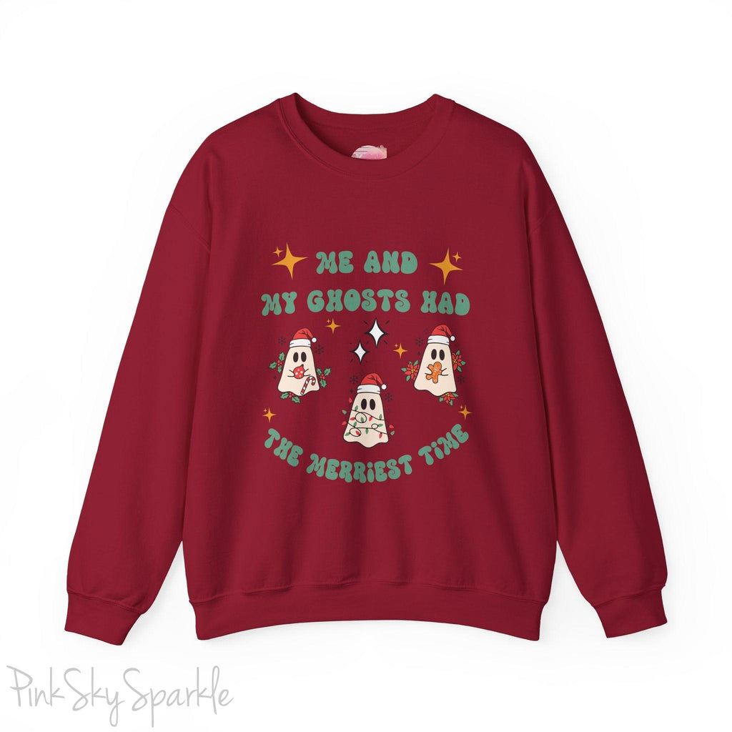 Me and My Ghosts Had the Merriest Time Crewneck Sweatshirt, Christmas-themed ghost design inspired by Taylor Swift lyrics, cozy holiday sweatshirt with festive ghosts, available in multiple sizes, perfect for holiday fans and Swifties-S-Cardinal Red-PINK SKY SPARKLE