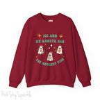 Me and My Ghosts Had the Merriest Time Crewneck Sweatshirt, Christmas-themed ghost design inspired by Taylor Swift lyrics, cozy holiday sweatshirt with festive ghosts, available in multiple sizes, perfect for holiday fans and Swifties-S-Cardinal Red-PINK SKY SPARKLE