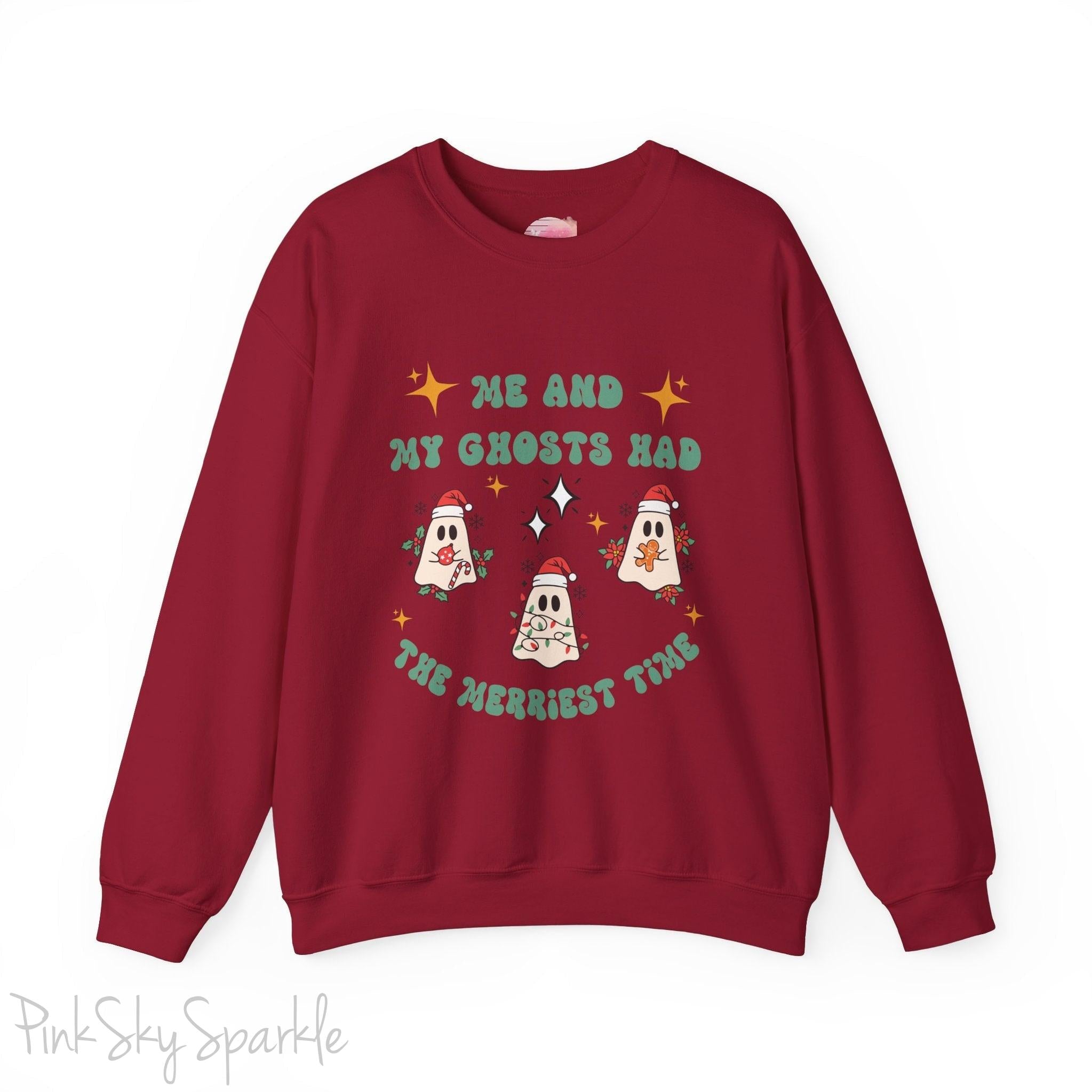 Me and My Ghosts Had the Merriest Time Crewneck Sweatshirt, Christmas-themed ghost design inspired by Taylor Swift lyrics, cozy holiday sweatshirt with festive ghosts, available in multiple sizes, perfect for holiday fans and Swifties-S-Cardinal Red-PINK SKY SPARKLE