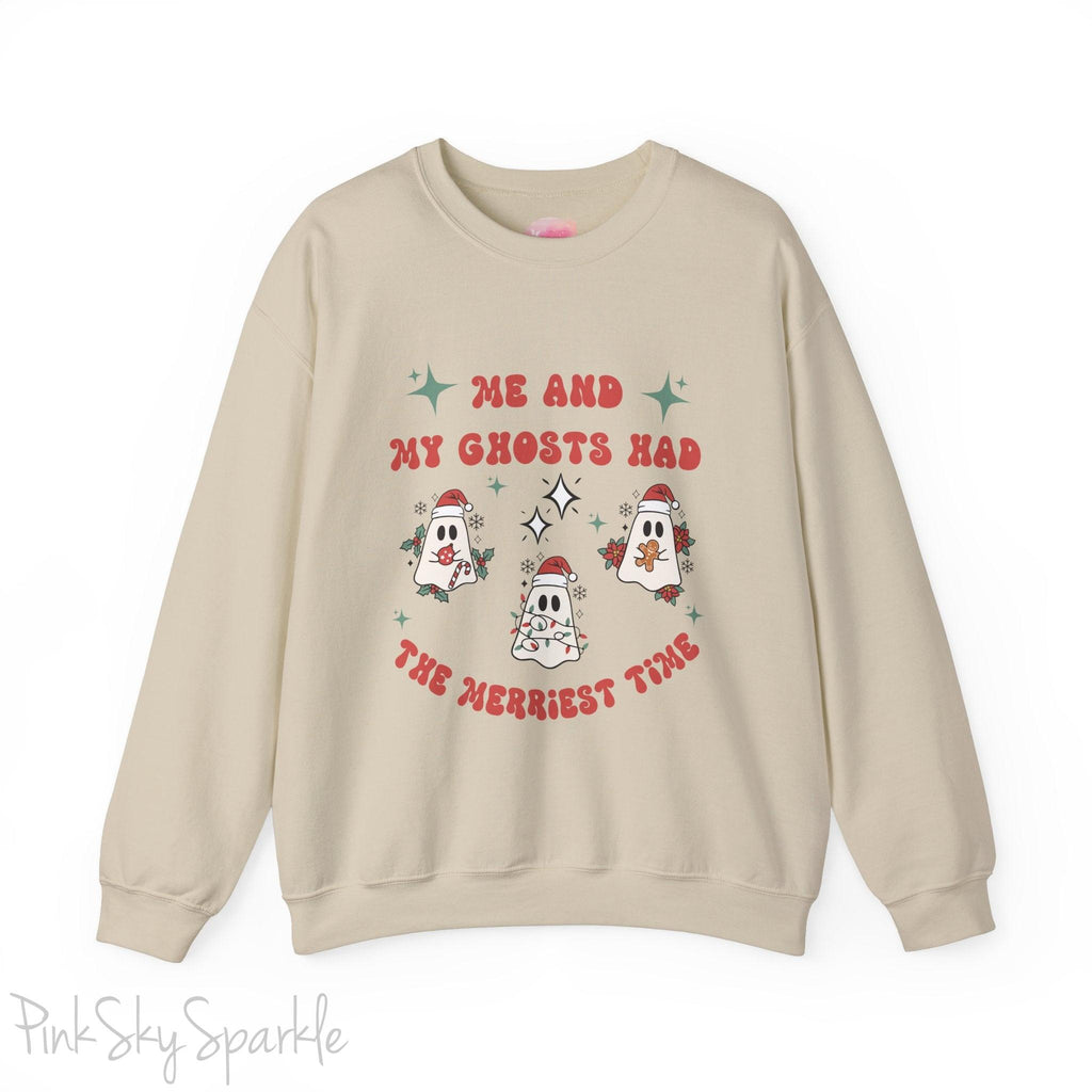 Me and My Ghosts Had the Merriest Time Crewneck Sweatshirt, Christmas-themed ghost design inspired by Taylor Swift lyrics, cozy holiday sweatshirt with festive ghosts, available in multiple sizes, perfect for holiday fans and Swifties-S-Sand-PINK SKY SPARKLE