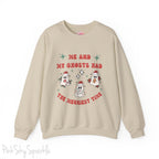 Me and My Ghosts Had the Merriest Time Crewneck Sweatshirt, Christmas-themed ghost design inspired by Taylor Swift lyrics, cozy holiday sweatshirt with festive ghosts, available in multiple sizes, perfect for holiday fans and Swifties-S-Sand-PINK SKY SPARKLE