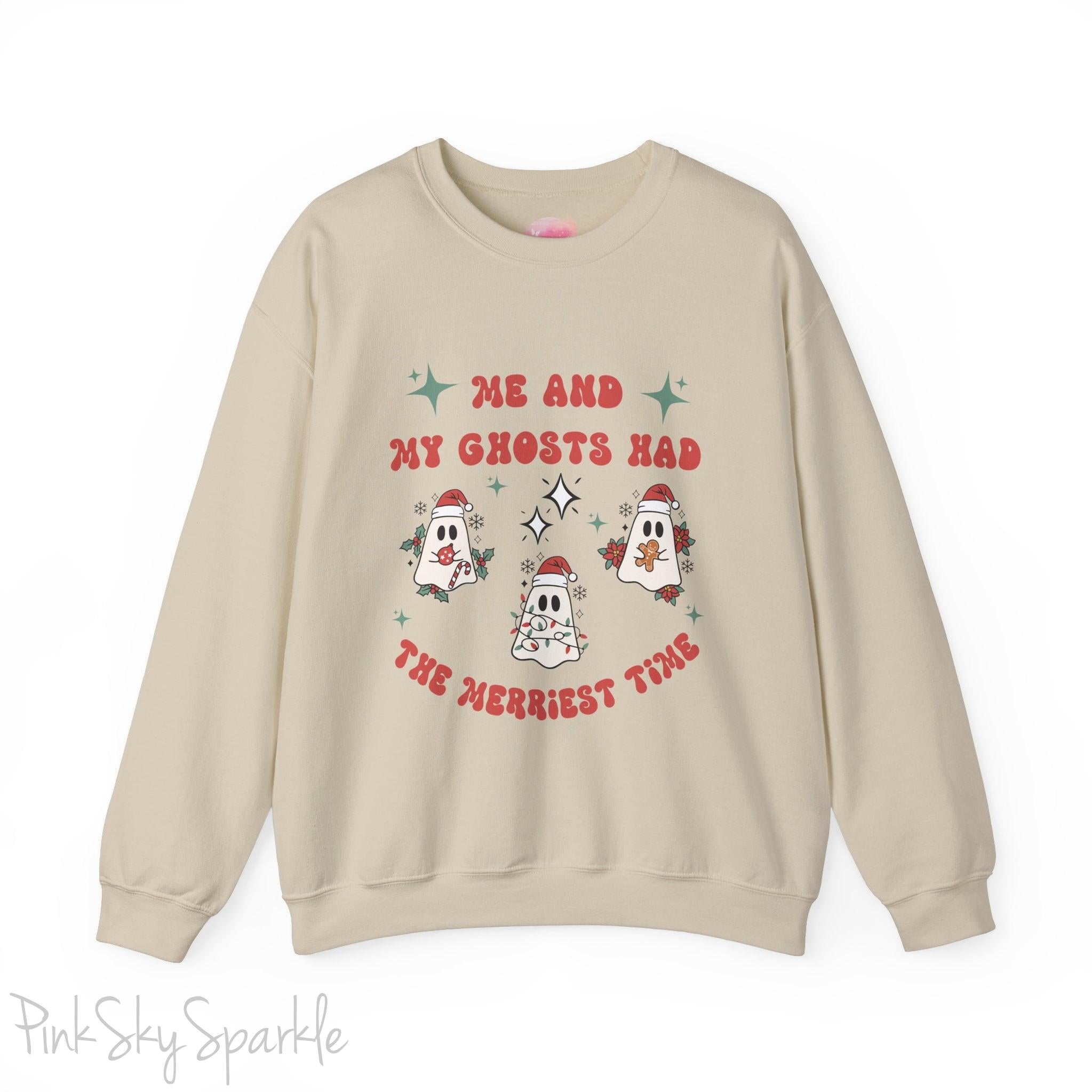 Me and My Ghosts Had the Merriest Time Crewneck Sweatshirt, Christmas-themed ghost design inspired by Taylor Swift lyrics, cozy holiday sweatshirt with festive ghosts, available in multiple sizes, perfect for holiday fans and Swifties-S-Sand-PINK SKY SPARKLE