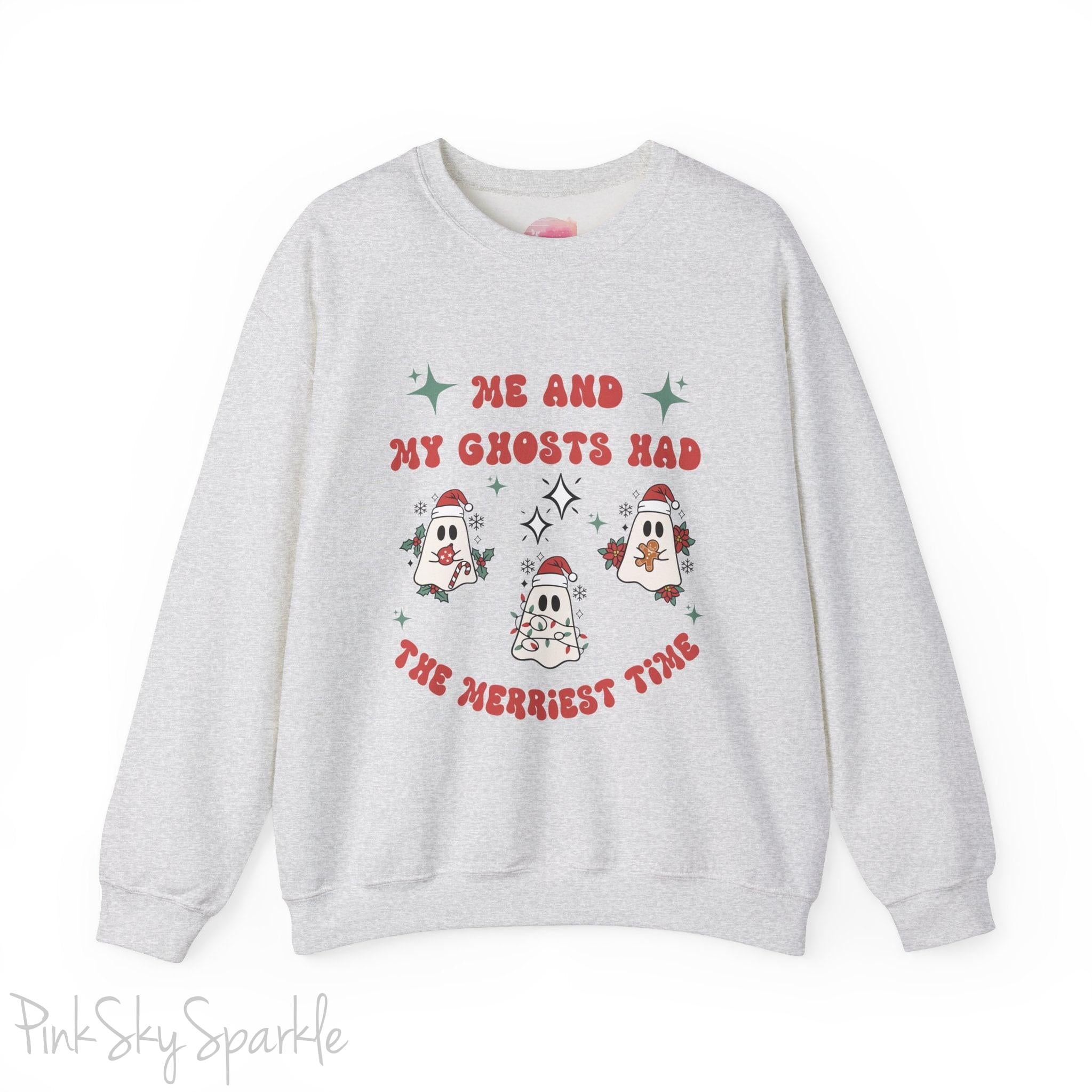 Me and My Ghosts Had the Merriest Time Crewneck Sweatshirt, Christmas-themed ghost design inspired by Taylor Swift lyrics, cozy holiday sweatshirt with festive ghosts, available in multiple sizes, perfect for holiday fans and Swifties-S-Ash-PINK SKY SPARKLE