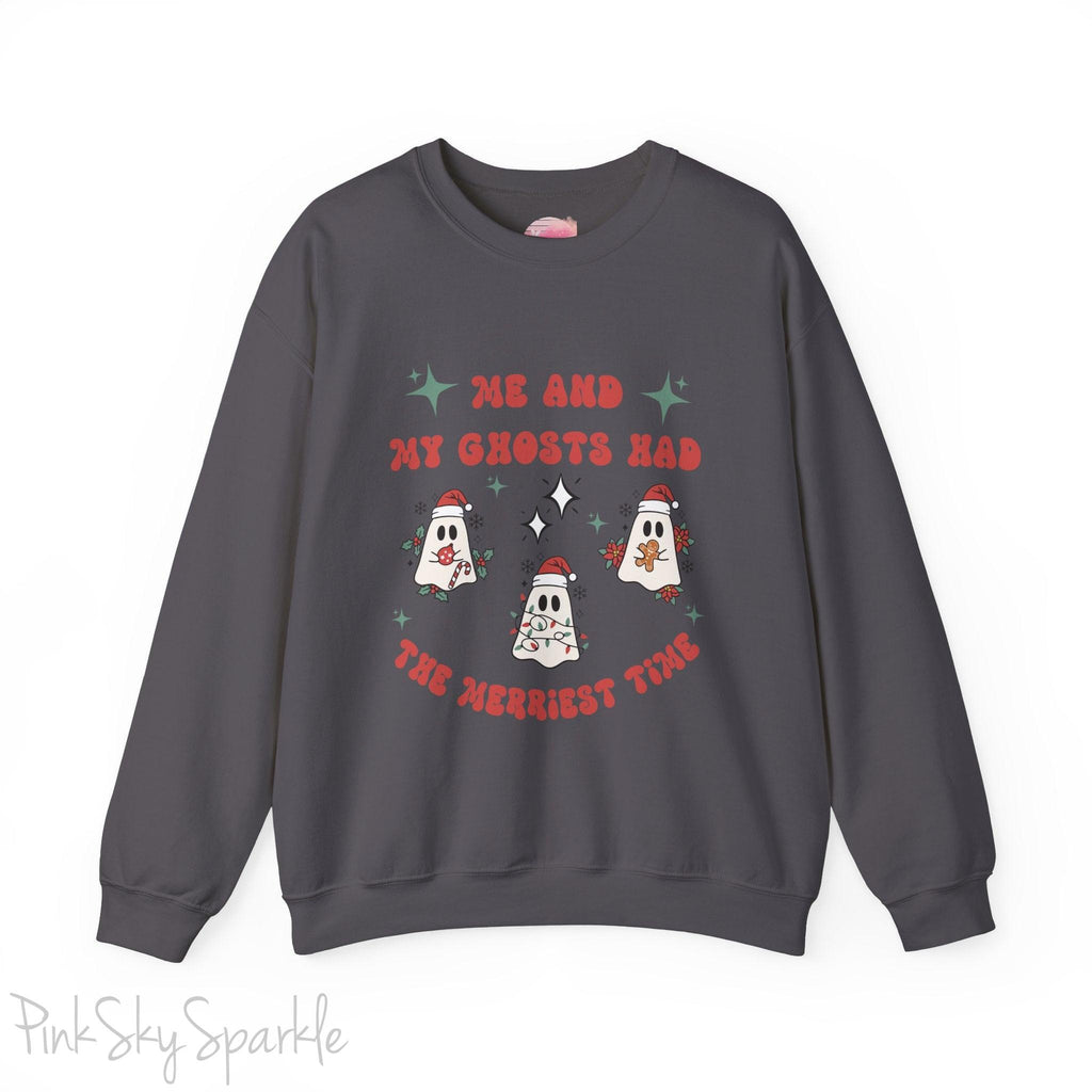 Me and My Ghosts Had the Merriest Time Crewneck Sweatshirt, Christmas-themed ghost design inspired by Taylor Swift lyrics, cozy holiday sweatshirt with festive ghosts, available in multiple sizes, perfect for holiday fans and Swifties-S-Charcoal-PINK SKY SPARKLE