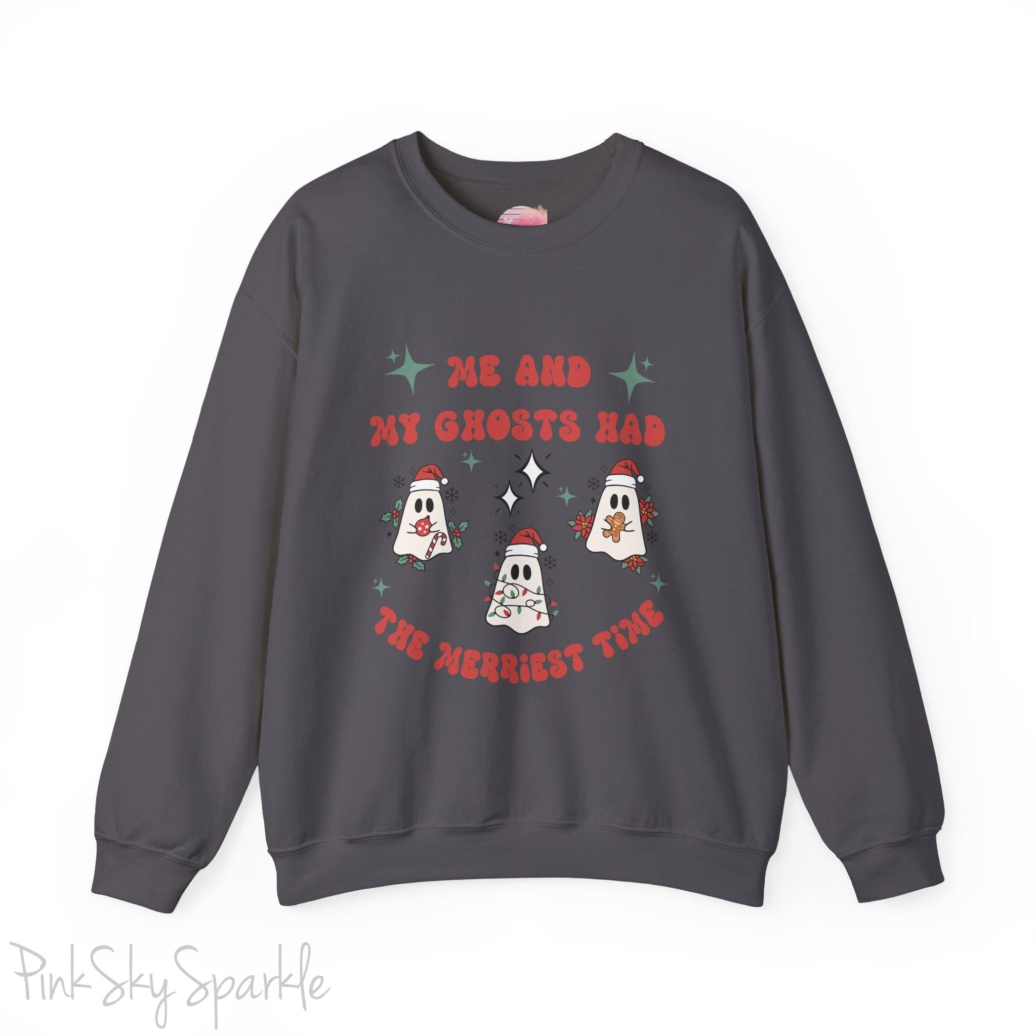 Me and My Ghosts Had the Merriest Time Crewneck Sweatshirt, Christmas-themed ghost design inspired by Taylor Swift lyrics, cozy holiday sweatshirt with festive ghosts, available in multiple sizes, perfect for holiday fans and Swifties-S-Charcoal-PINK SKY SPARKLE