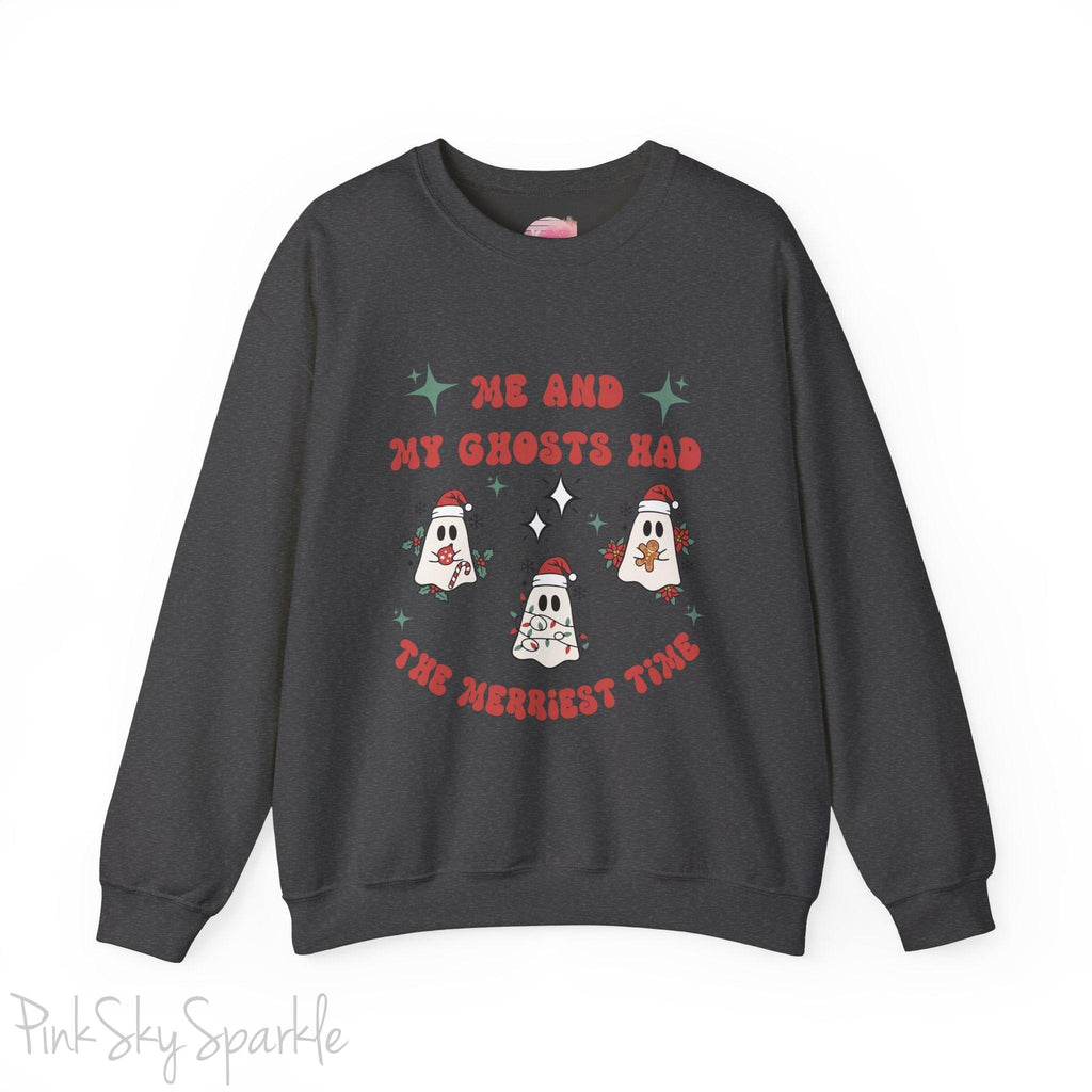 Me and My Ghosts Had the Merriest Time Crewneck Sweatshirt, Christmas-themed ghost design inspired by Taylor Swift lyrics, cozy holiday sweatshirt with festive ghosts, available in multiple sizes, perfect for holiday fans and Swifties-S-Dark Heather-PINK SKY SPARKLE