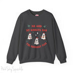 Me and My Ghosts Had the Merriest Time Crewneck Sweatshirt, Christmas-themed ghost design inspired by Taylor Swift lyrics, cozy holiday sweatshirt with festive ghosts, available in multiple sizes, perfect for holiday fans and Swifties-S-Dark Heather-PINK SKY SPARKLE