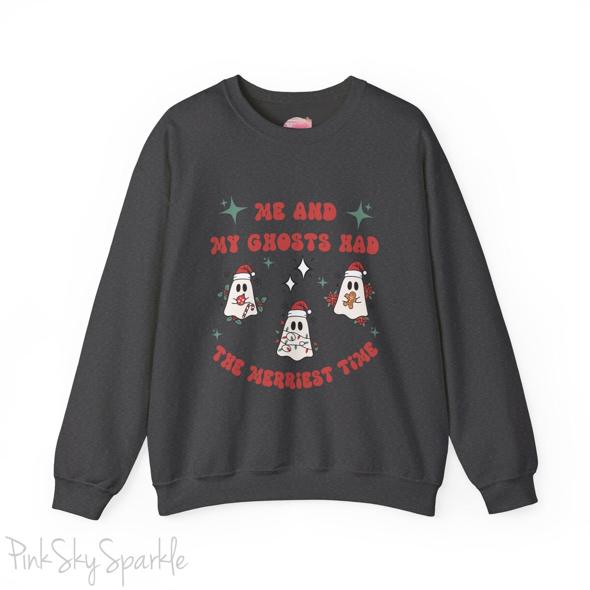 Me and My Ghosts Had the Merriest Time Crewneck Sweatshirt, Christmas-themed ghost design inspired by Taylor Swift lyrics, cozy holiday sweatshirt with festive ghosts, available in multiple sizes, perfect for holiday fans and Swifties-S-Dark Heather-PINK SKY SPARKLE