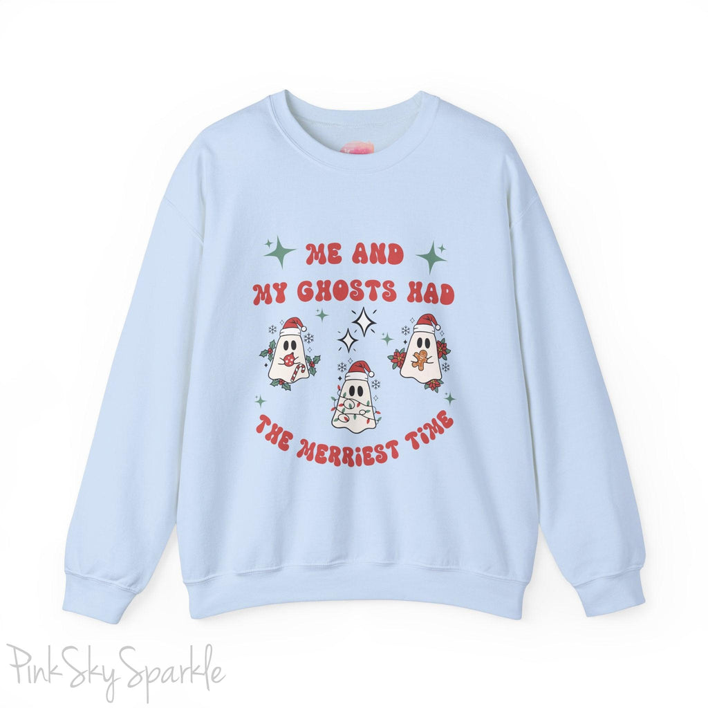 Me and My Ghosts Had the Merriest Time Crewneck Sweatshirt, Christmas-themed ghost design inspired by Taylor Swift lyrics, cozy holiday sweatshirt with festive ghosts, available in multiple sizes, perfect for holiday fans and Swifties-S-Light Blue-PINK SKY SPARKLE