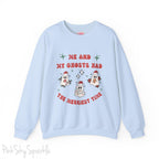 Me and My Ghosts Had the Merriest Time Crewneck Sweatshirt, Christmas-themed ghost design inspired by Taylor Swift lyrics, cozy holiday sweatshirt with festive ghosts, available in multiple sizes, perfect for holiday fans and Swifties-S-Light Blue-PINK SKY SPARKLE